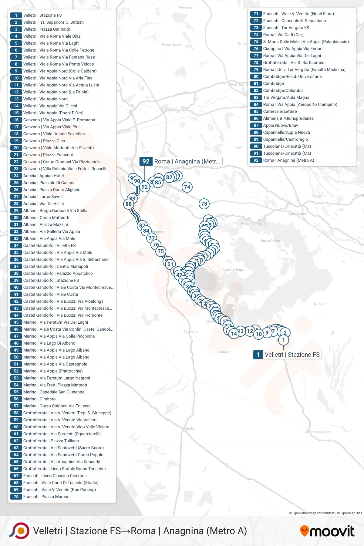 COTRAL bus Line (Velletri Train Station→Rome | Anagnina (Metro A)) route and stops on a map