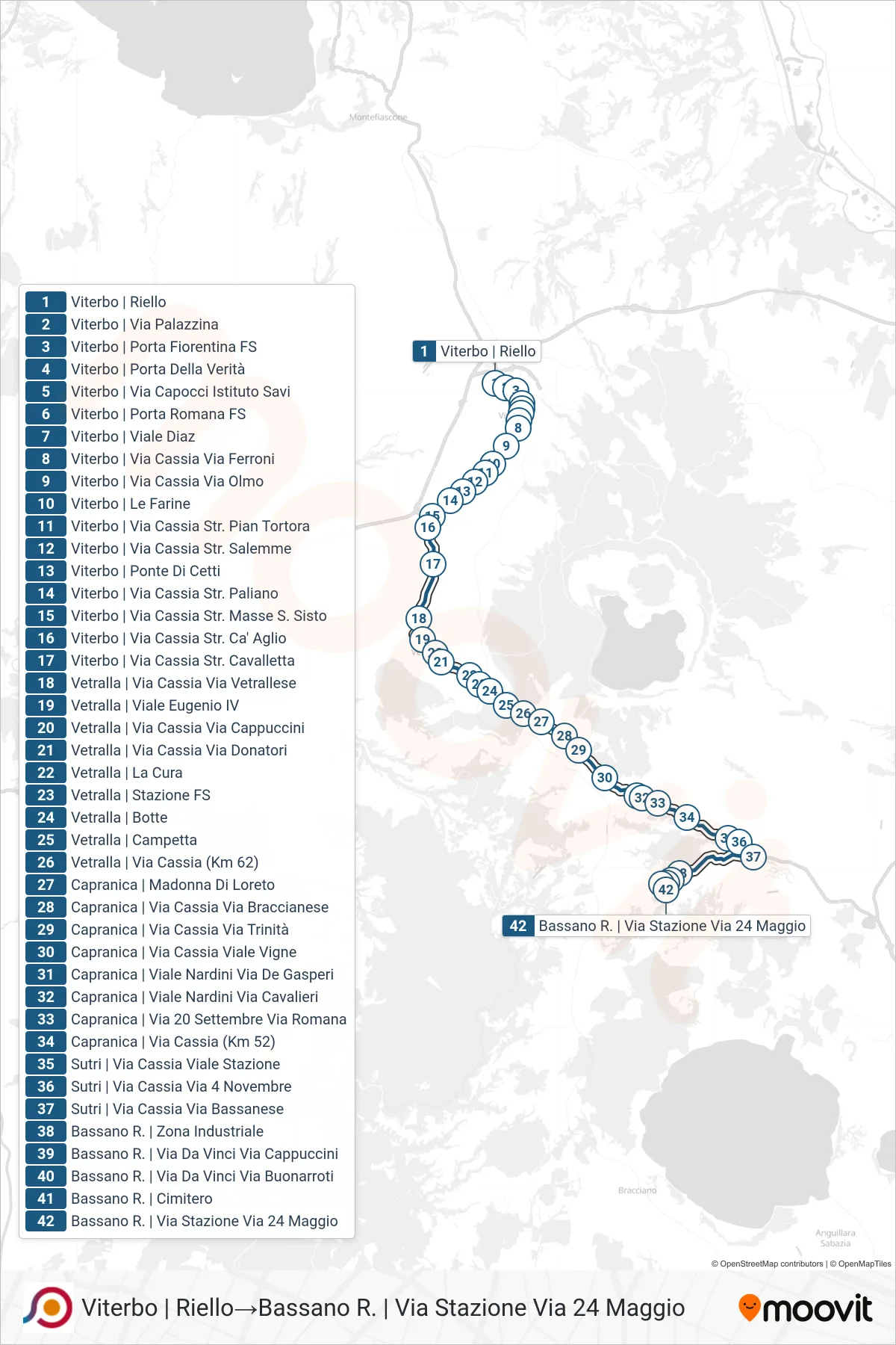 COTRAL bus Line (Viterbo via Riello→Bassano R. | Via Stazione Via 24 Maggio) route and stops on a map