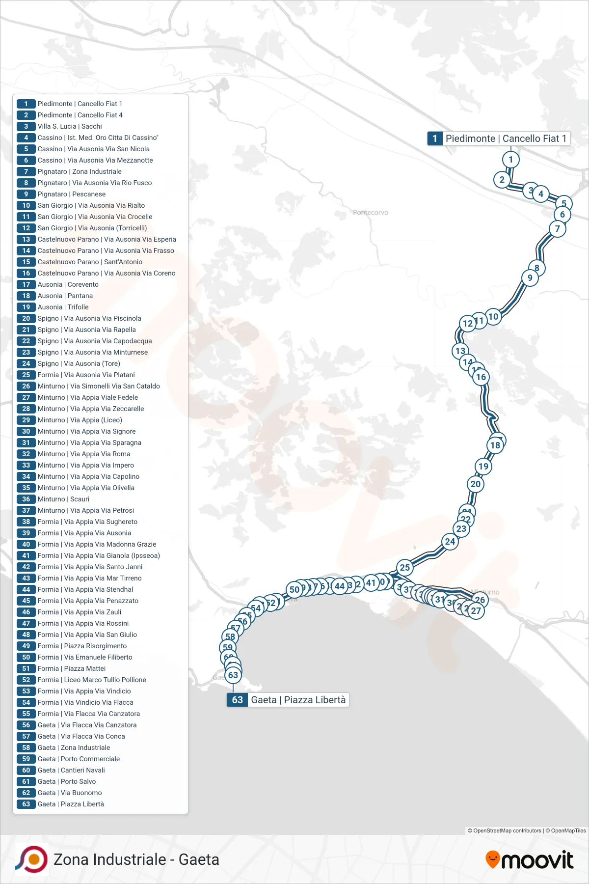 Linea COTRAL bus (Piedimonte | Cancello Fiat 1→Gaeta | Piazza Libertà) - Percorsi e fermate sulla mappa