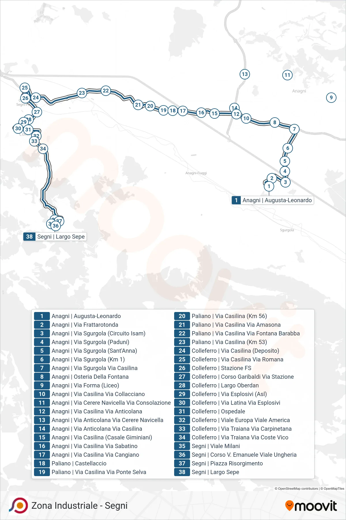 Linea COTRAL bus (Anagni | Augusta-Leonardo→Segni | Largo Sepe) - Percorsi e fermate sulla mappa
