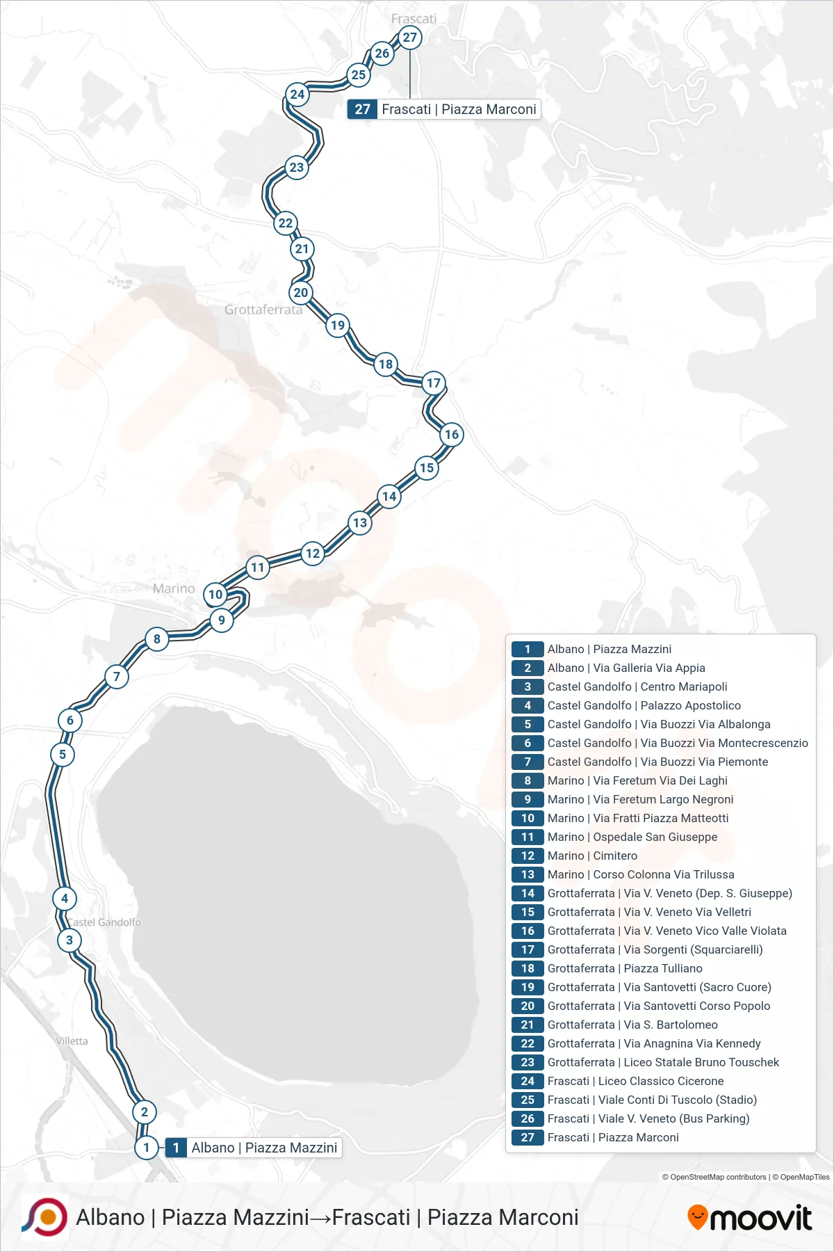Linea COTRAL bus (Albano | Piazza Mazzini→Frascati | Piazza Marconi) - Percorsi e fermate sulla mappa