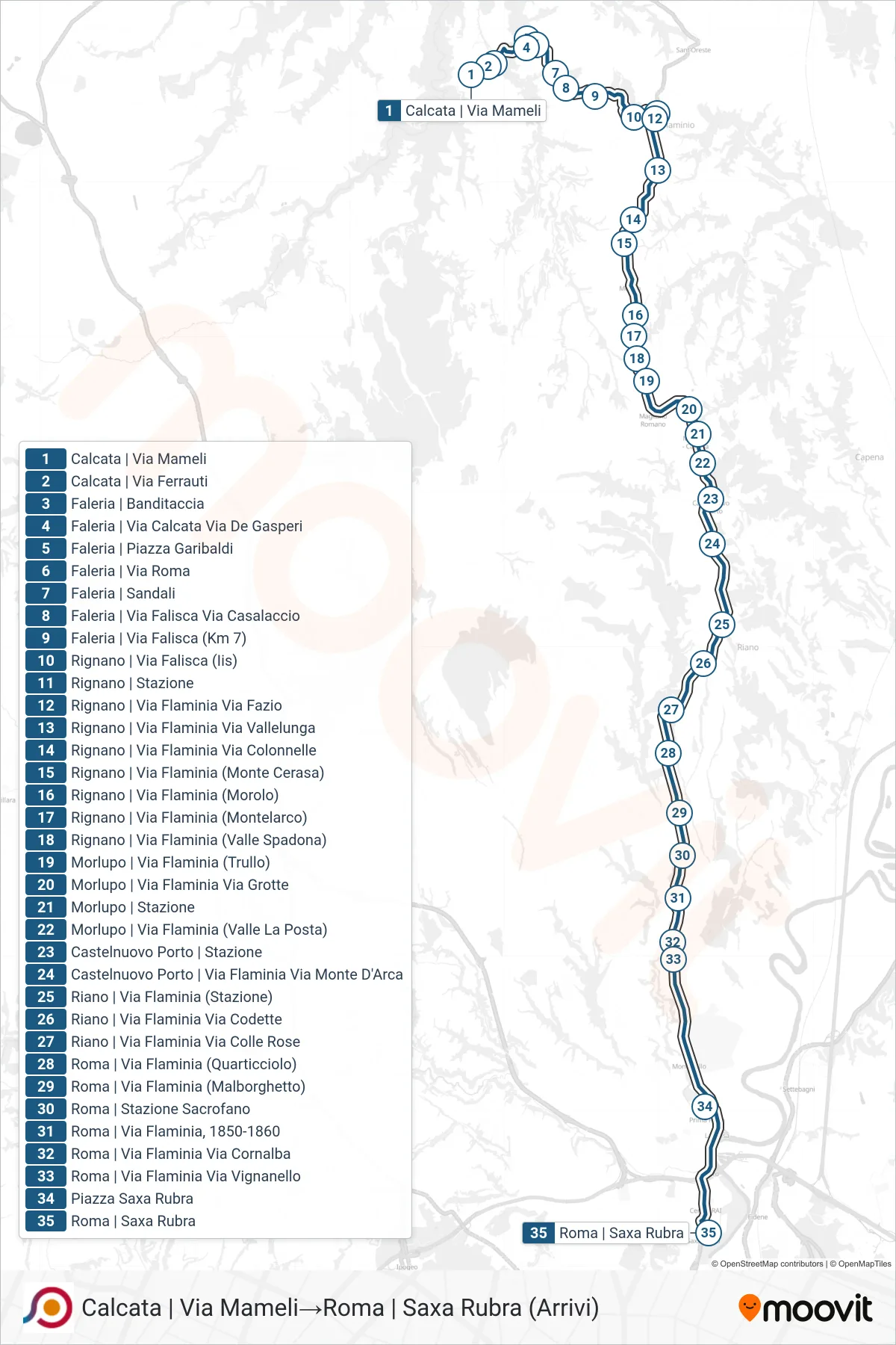 Linea COTRAL bus (Calcata | Via Mameli→Roma | Saxa Rubra (Arrivi)) - Percorsi e fermate sulla mappa