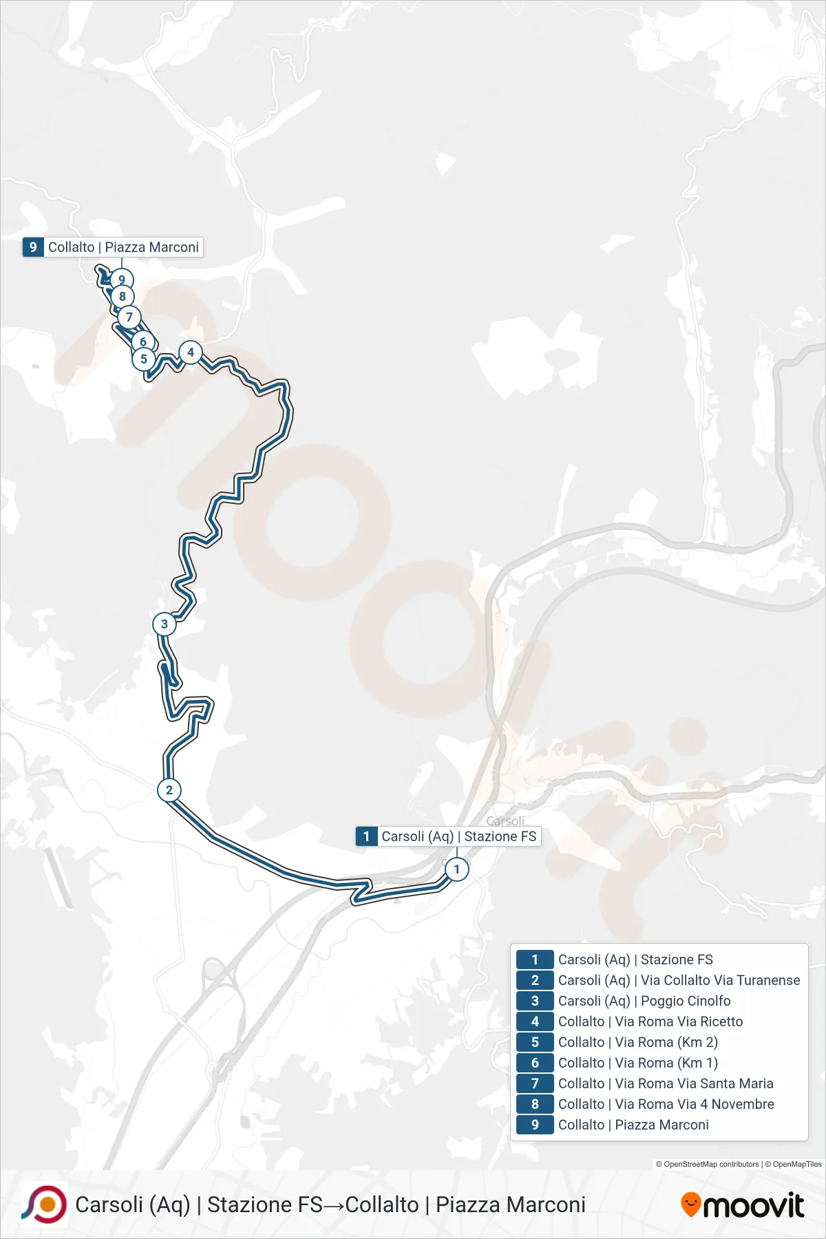 Linea COTRAL bus (Carsoli (Aq) | Stazione FS→Collalto | Piazza Marconi) - Percorsi e fermate sulla mappa