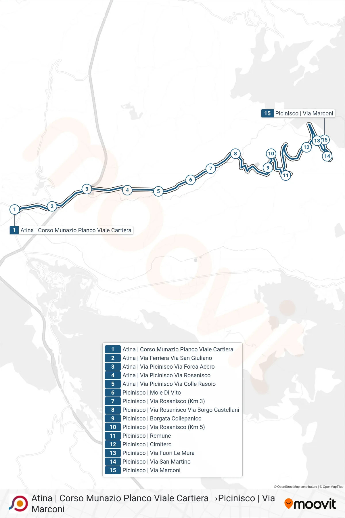 Linea COTRAL bus (Atina | Corso Munazio Planco Viale Cartiera→Picinisco | Via Marconi) - Percorsi e fermate sulla mappa