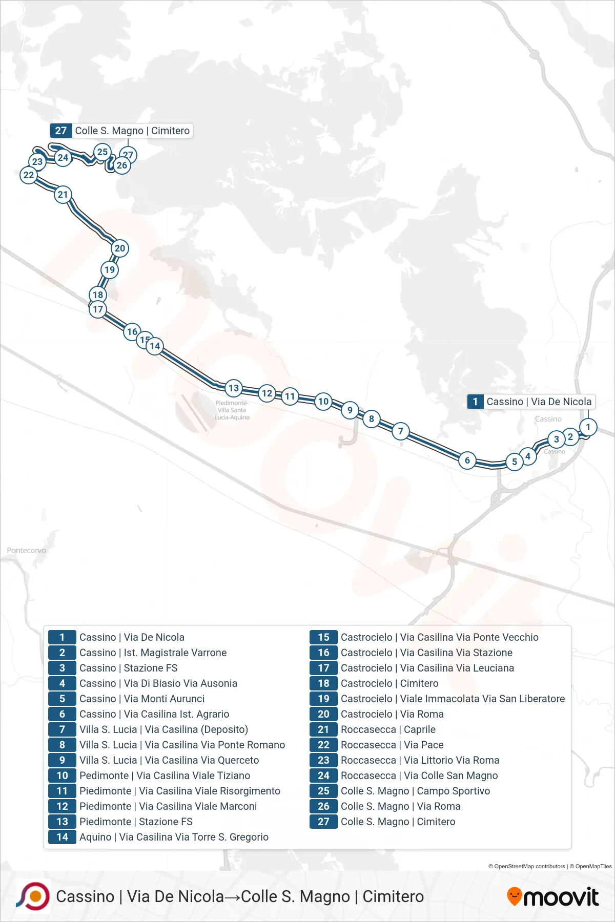 Linea COTRAL  bus (Cassino | Via De Nicola‎→Colle S. Magno | Cimitero) - Percorsi e fermate sulla mappa