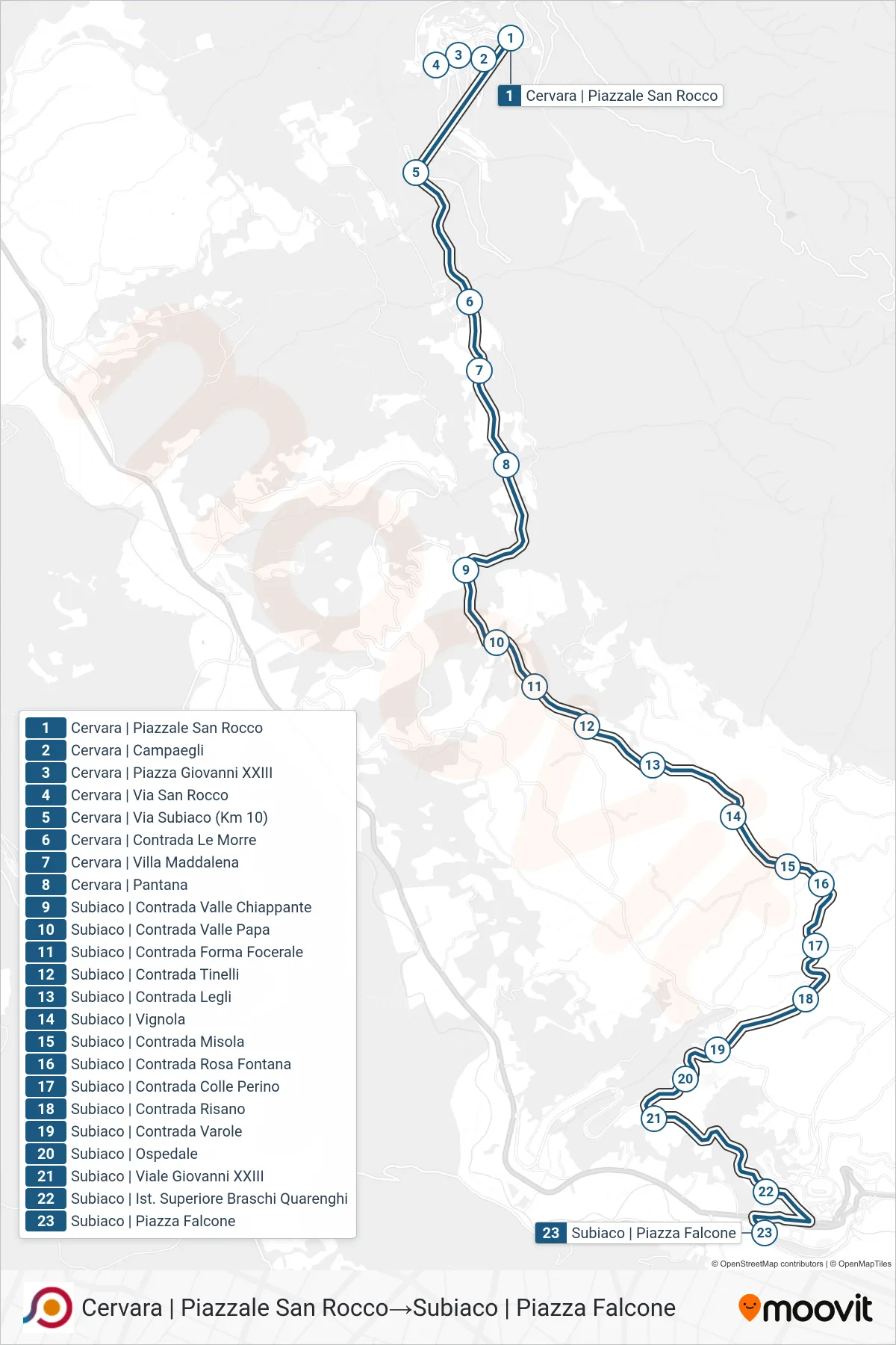 Linea COTRAL bus (Cervara | Piazzale San Rocco→Subiaco | Piazza Falcone) - Percorsi e fermate sulla mappa