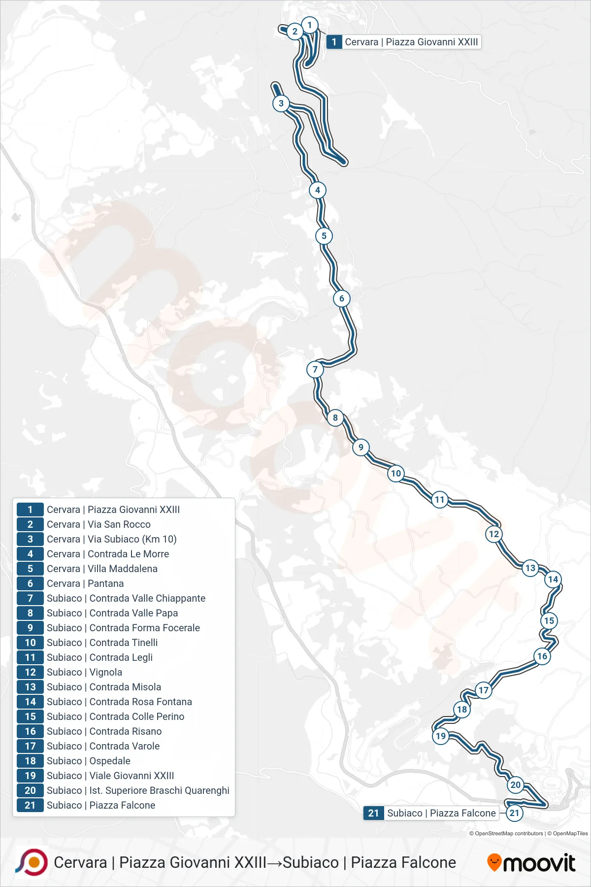 Linea COTRAL bus (Cervara | Piazza Giovanni XXIII→Subiaco | Piazza Falcone) - Percorsi e fermate sulla mappa