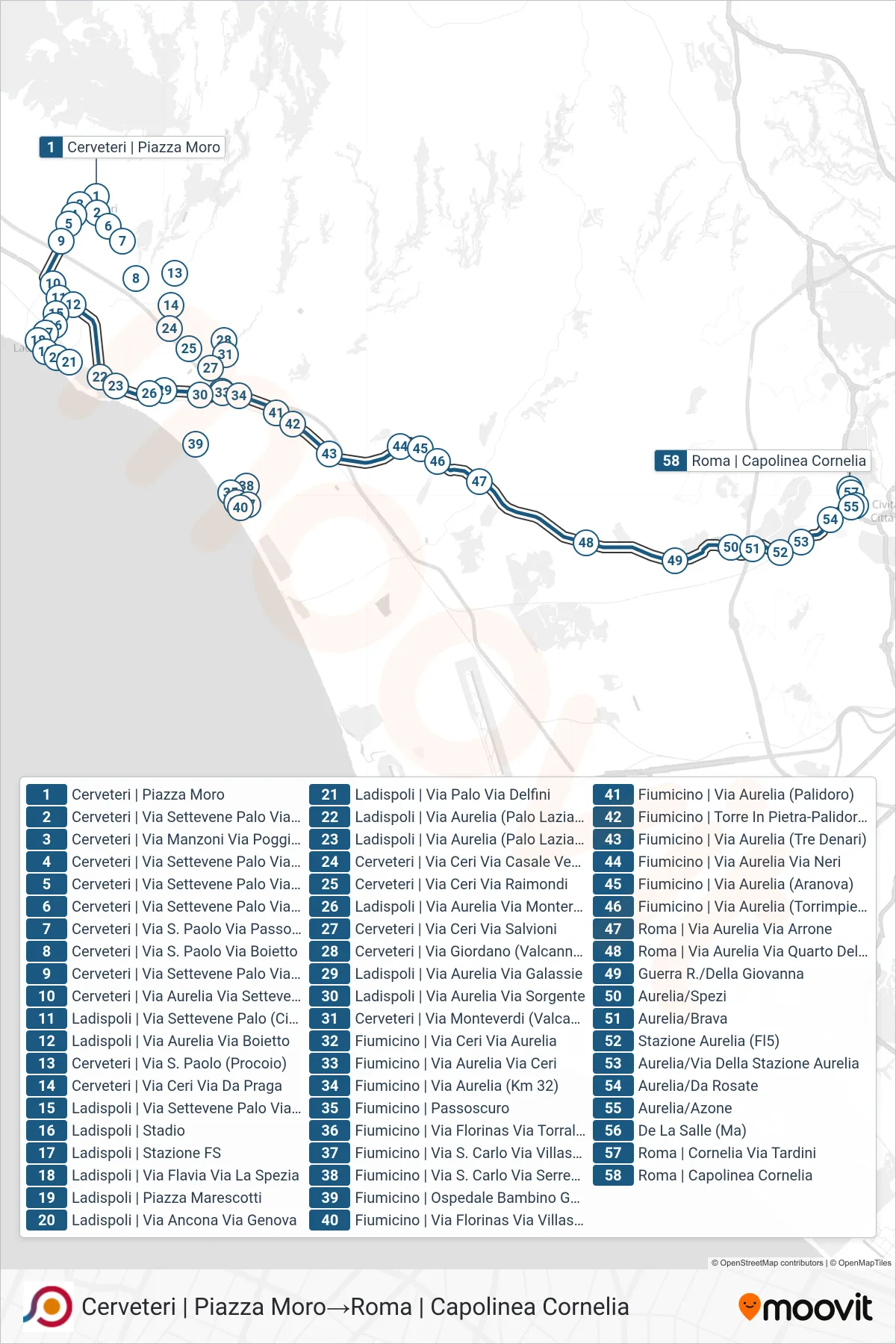 Linea COTRAL bus (Cerveteri | Piazza Moro→Roma | Capolinea Cornelia) - Percorsi e fermate sulla mappa