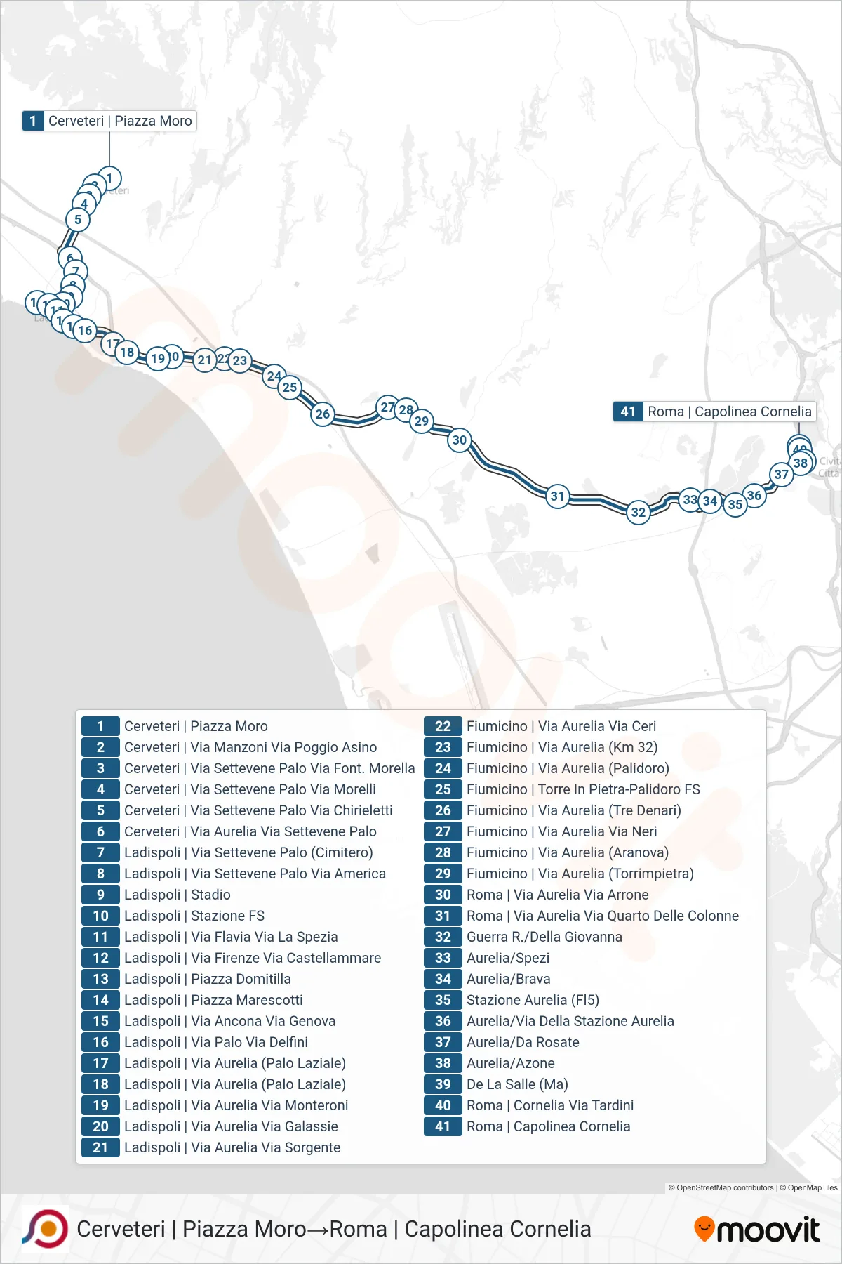 Linea COTRAL bus (Cerveteri | Piazza Moro→Roma | Capolinea Cornelia) - Percorsi e fermate sulla mappa