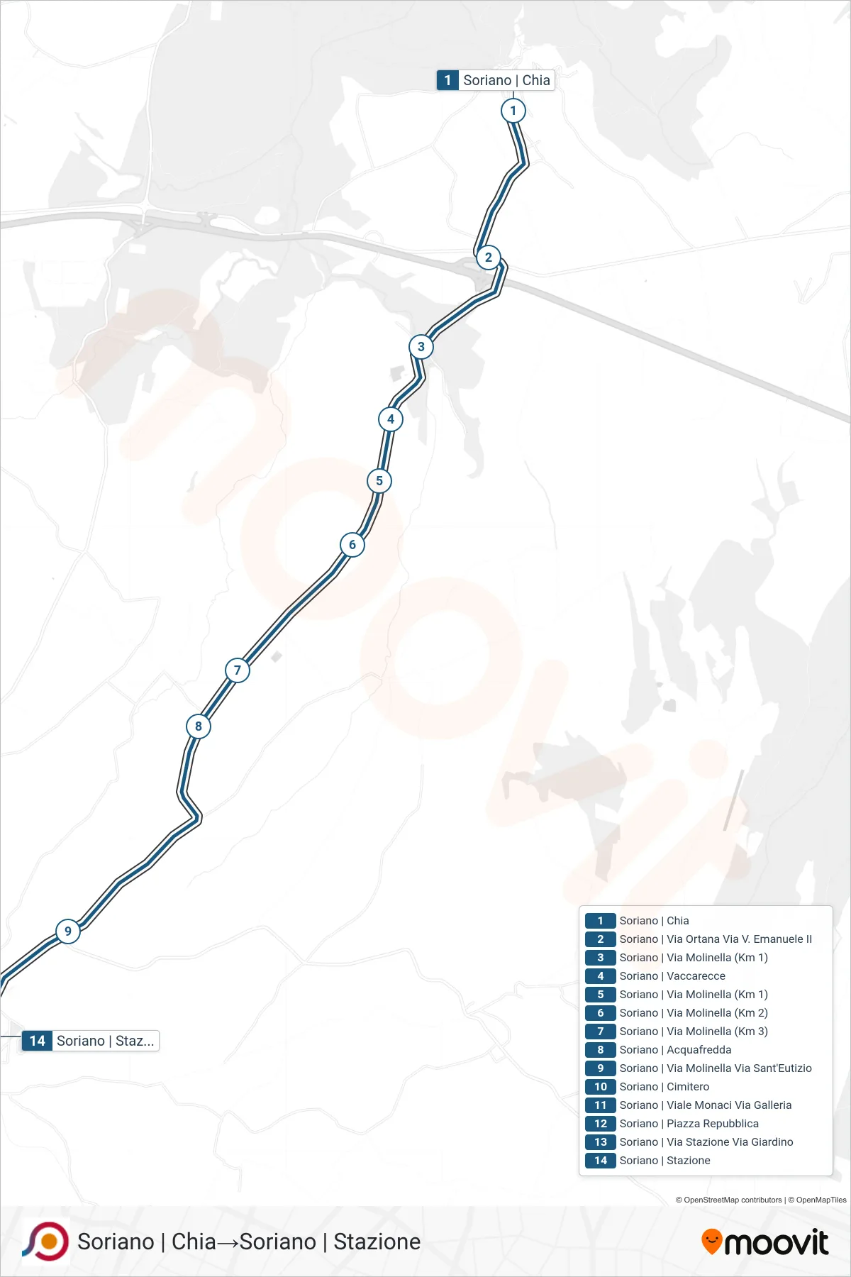 Linea COTRAL bus (Soriano | Chia→Soriano | Stazione) - Percorsi e fermate sulla mappa