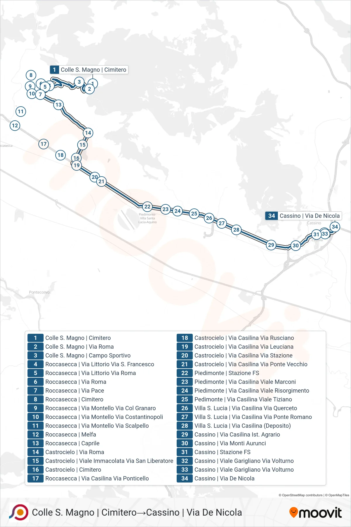 Linea COTRAL bus (Colle S. Magno | Cimitero→Cassino | Via De Nicola) - Percorsi e fermate sulla mappa