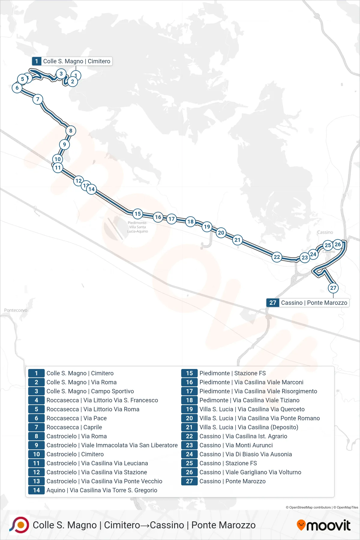 Linea COTRAL  bus (Colle S. Magno | Cimitero‎→Cassino | Ponte Marozzo) - Percorsi e fermate sulla mappa