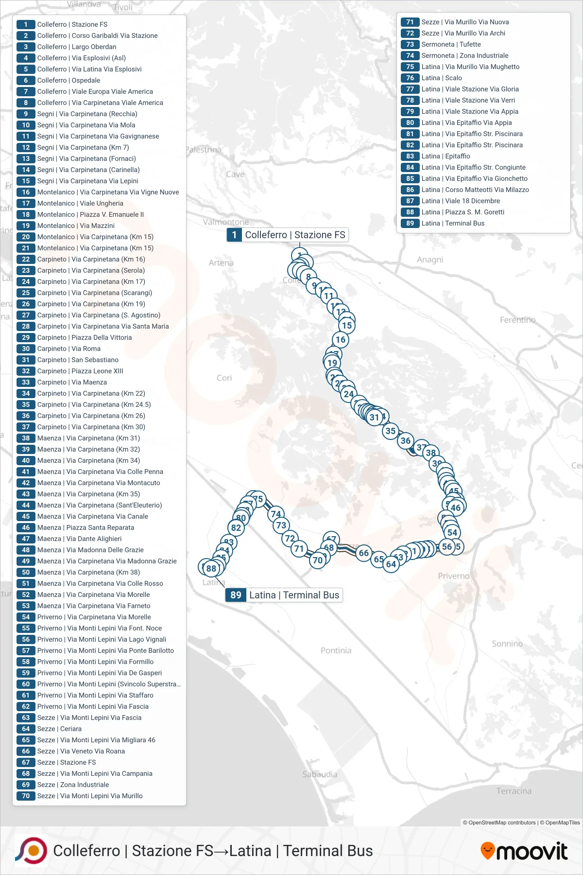 Linea COTRAL  bus (Colleferro | Stazione FS‎→Latina | Terminal Bus) - Percorsi e fermate sulla mappa