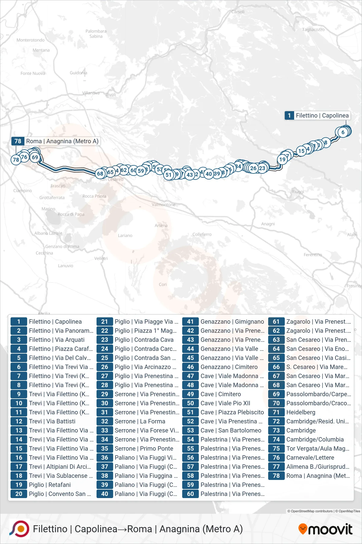 Linea COTRAL bus (Filettino | Capolinea→Roma | Anagnina (Metro A)) - Percorsi e fermate sulla mappa