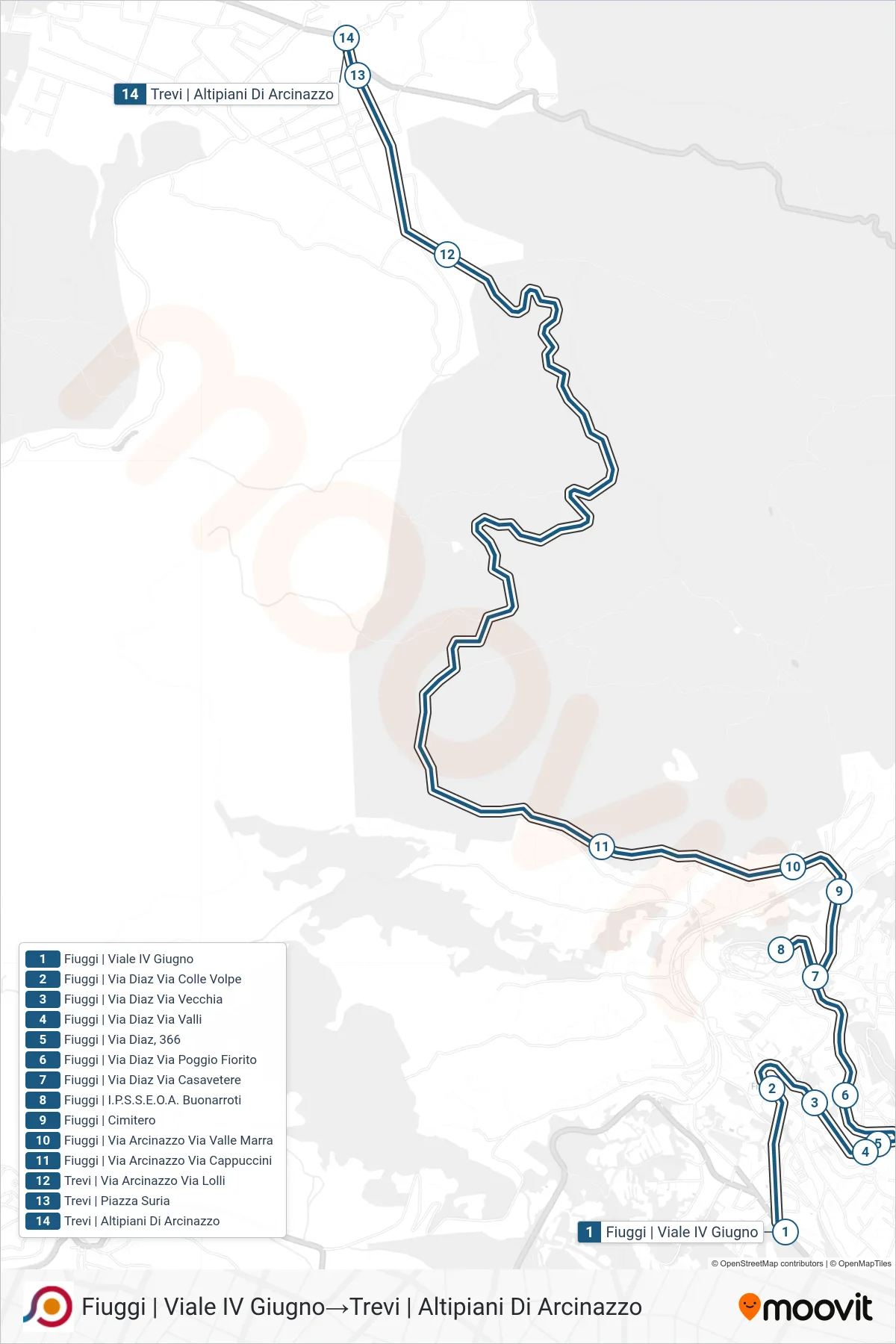 Linea COTRAL bus (Fiuggi | Viale IV Giugno→Trevi | Altipiani Di Arcinazzo) - Percorsi e fermate sulla mappa