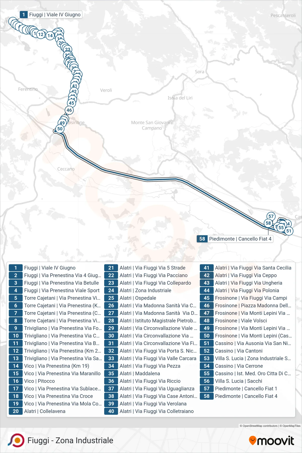 Linea COTRAL bus (Fiuggi | Viale IV Giugno→Piedimonte | Cancello Fiat 4) - Percorsi e fermate sulla mappa