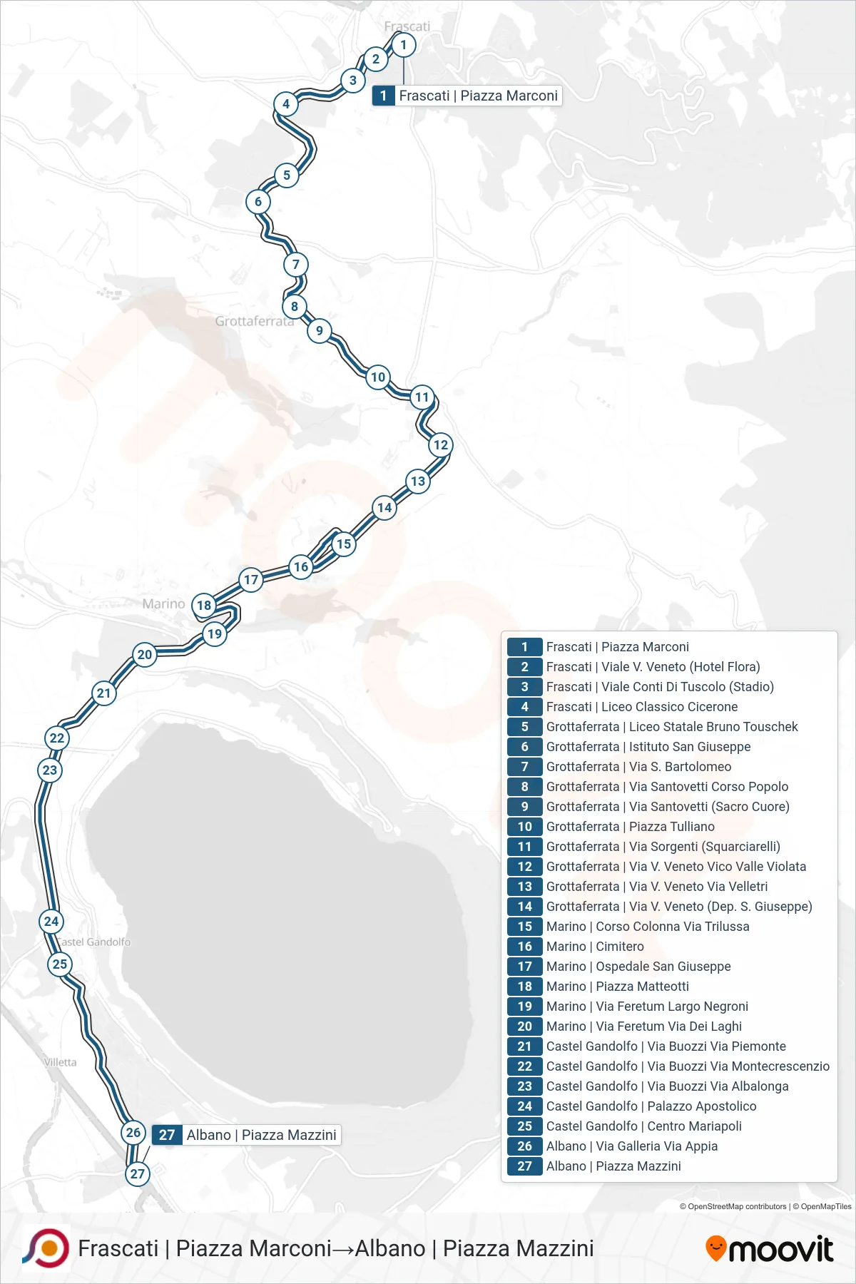 Linea COTRAL  bus (Frascati | Piazza Marconi‎→Albano | Piazza Mazzini) - Percorsi e fermate sulla mappa