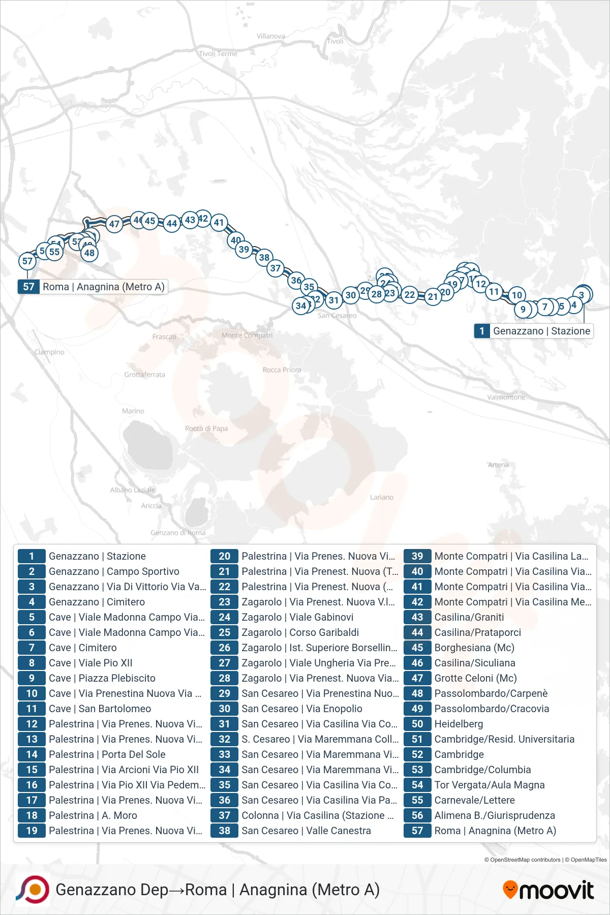 Linea COTRAL  bus (Genazzano Dep‎→Roma | Anagnina (Metro A)) - Percorsi e fermate sulla mappa
