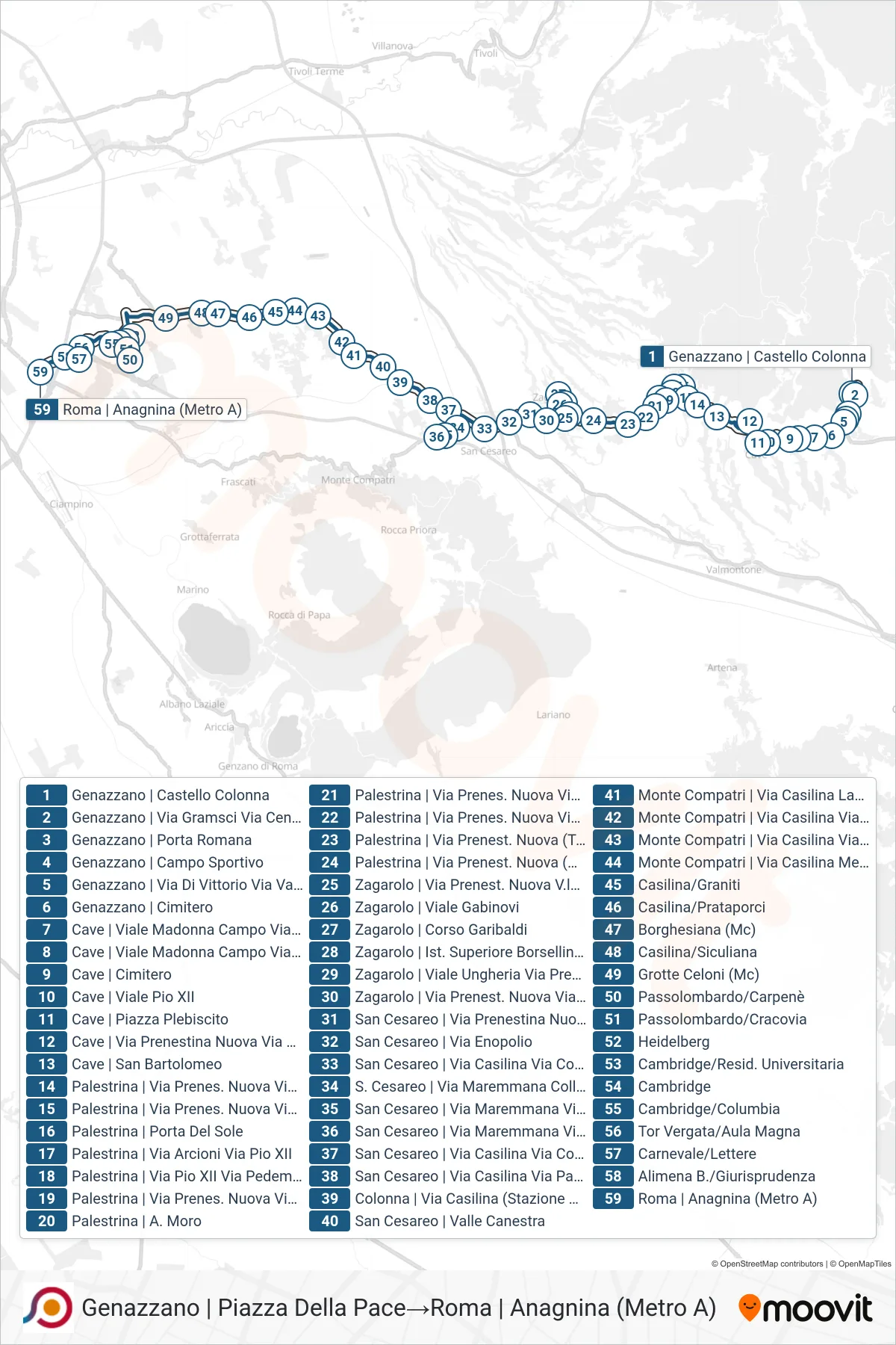 Linea COTRAL bus (Genazzano | Piazza Della Pace→Roma | Anagnina (Metro A)) - Percorsi e fermate sulla mappa