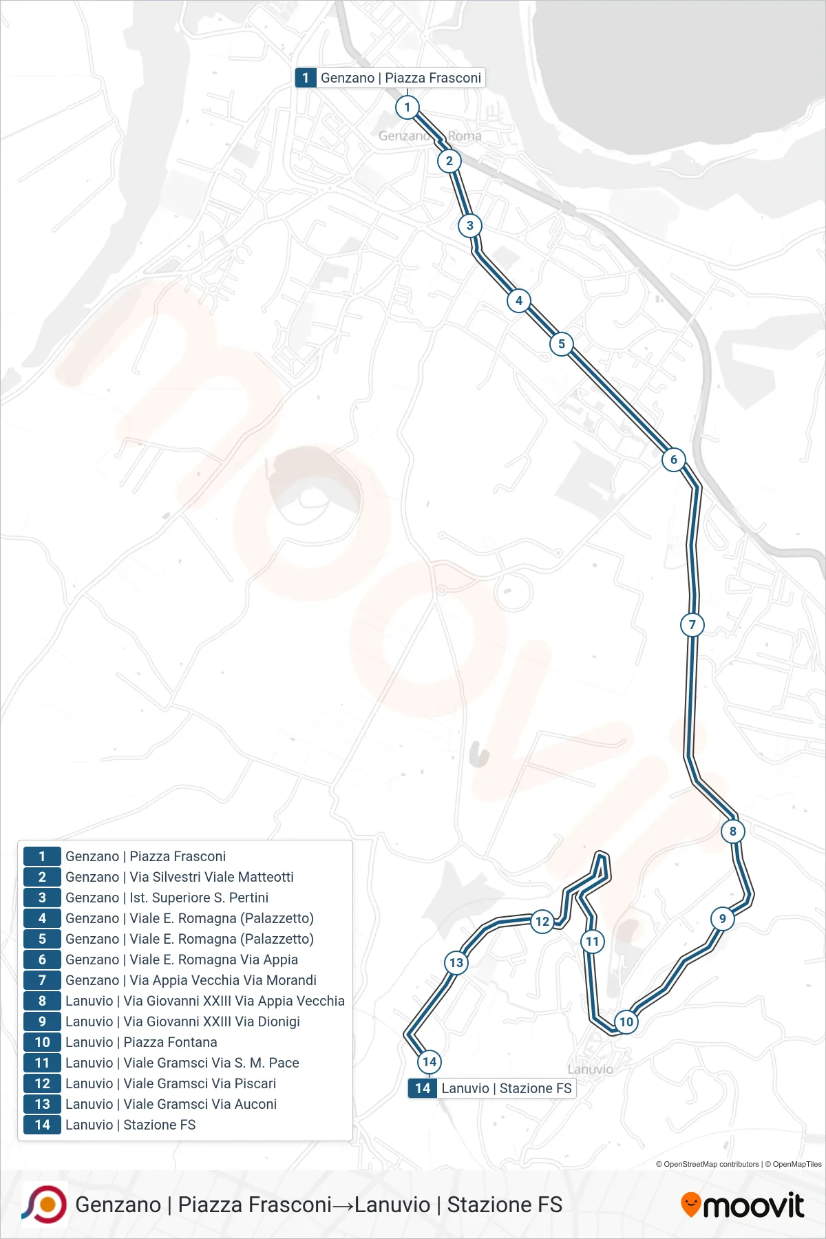 Linea COTRAL  bus (Genzano | Piazza Frasconi‎→Lanuvio | Stazione FS) - Percorsi e fermate sulla mappa