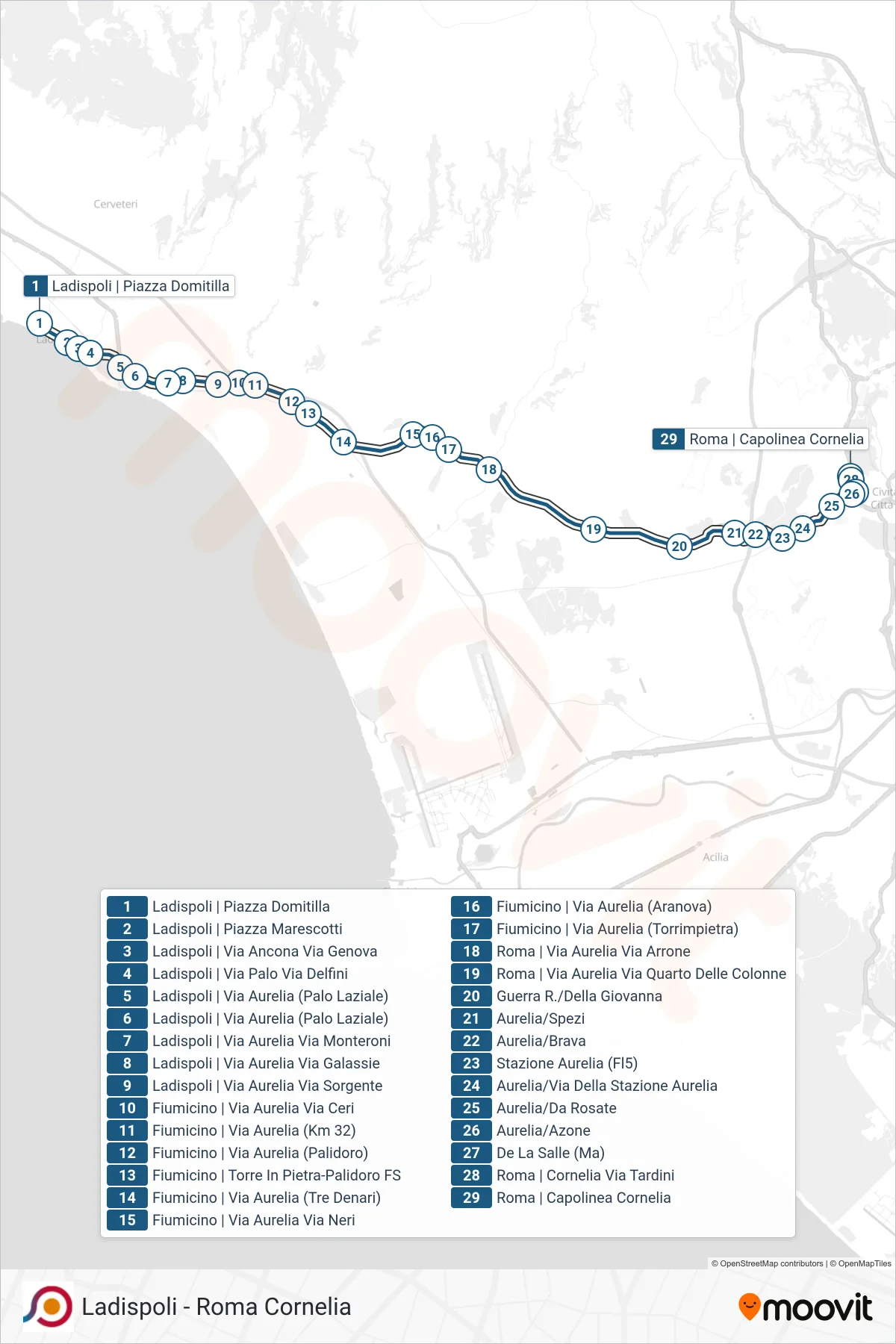Linea COTRAL  bus (Ladispoli | Piazza Domitilla‎→Roma | Capolinea Cornelia) - Percorsi e fermate sulla mappa