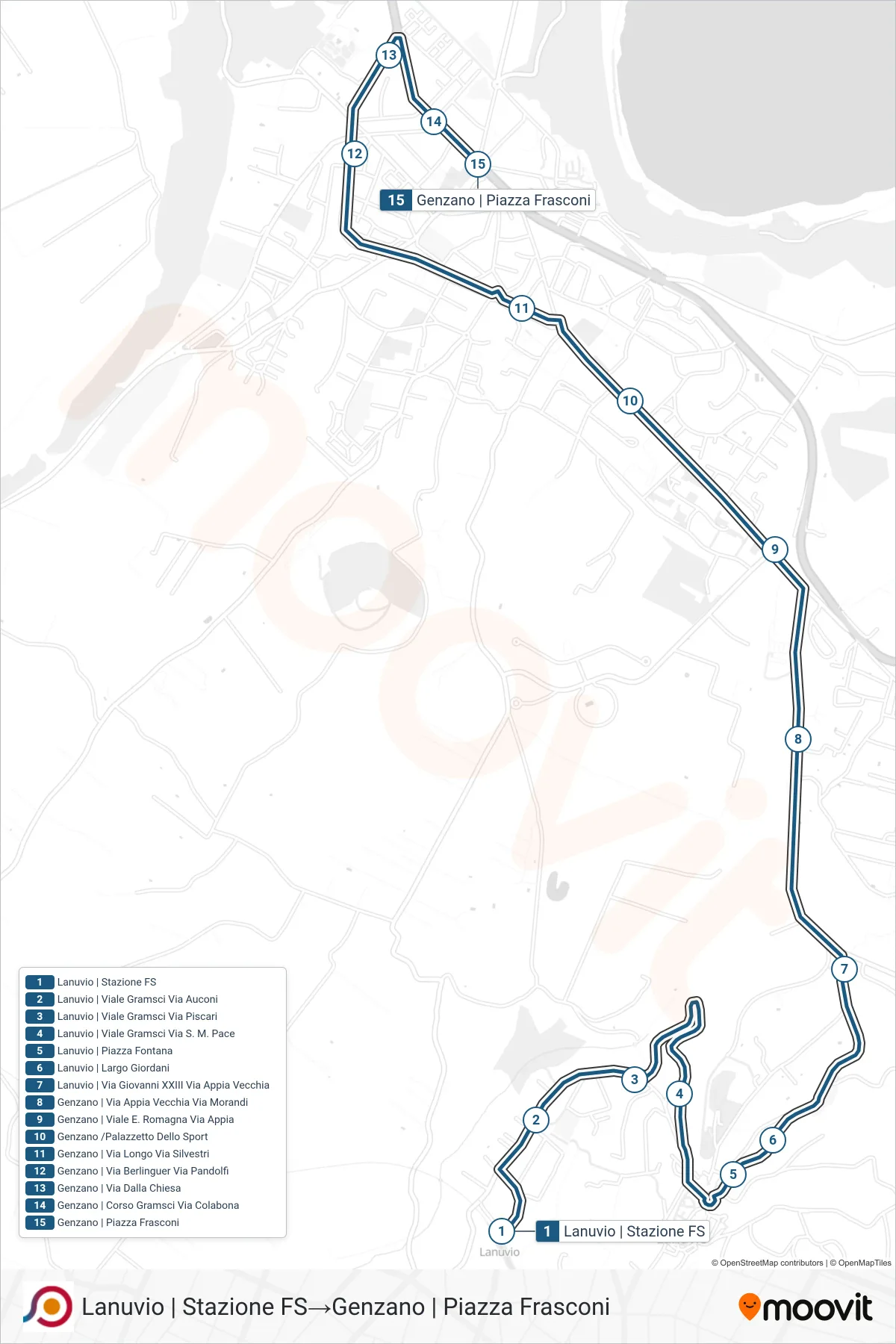 Linea COTRAL bus (Lanuvio | Stazione FS→Genzano | Piazza Frasconi) - Percorsi e fermate sulla mappa
