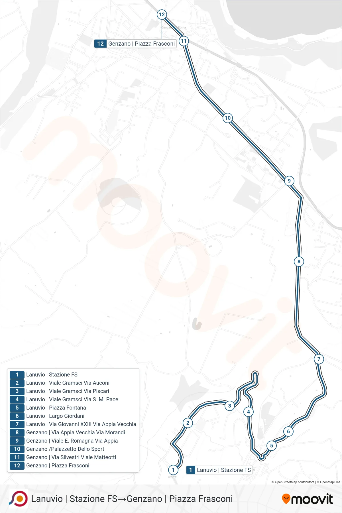 Linea COTRAL bus (Lanuvio | Stazione FS→Genzano | Piazza Frasconi) - Percorsi e fermate sulla mappa