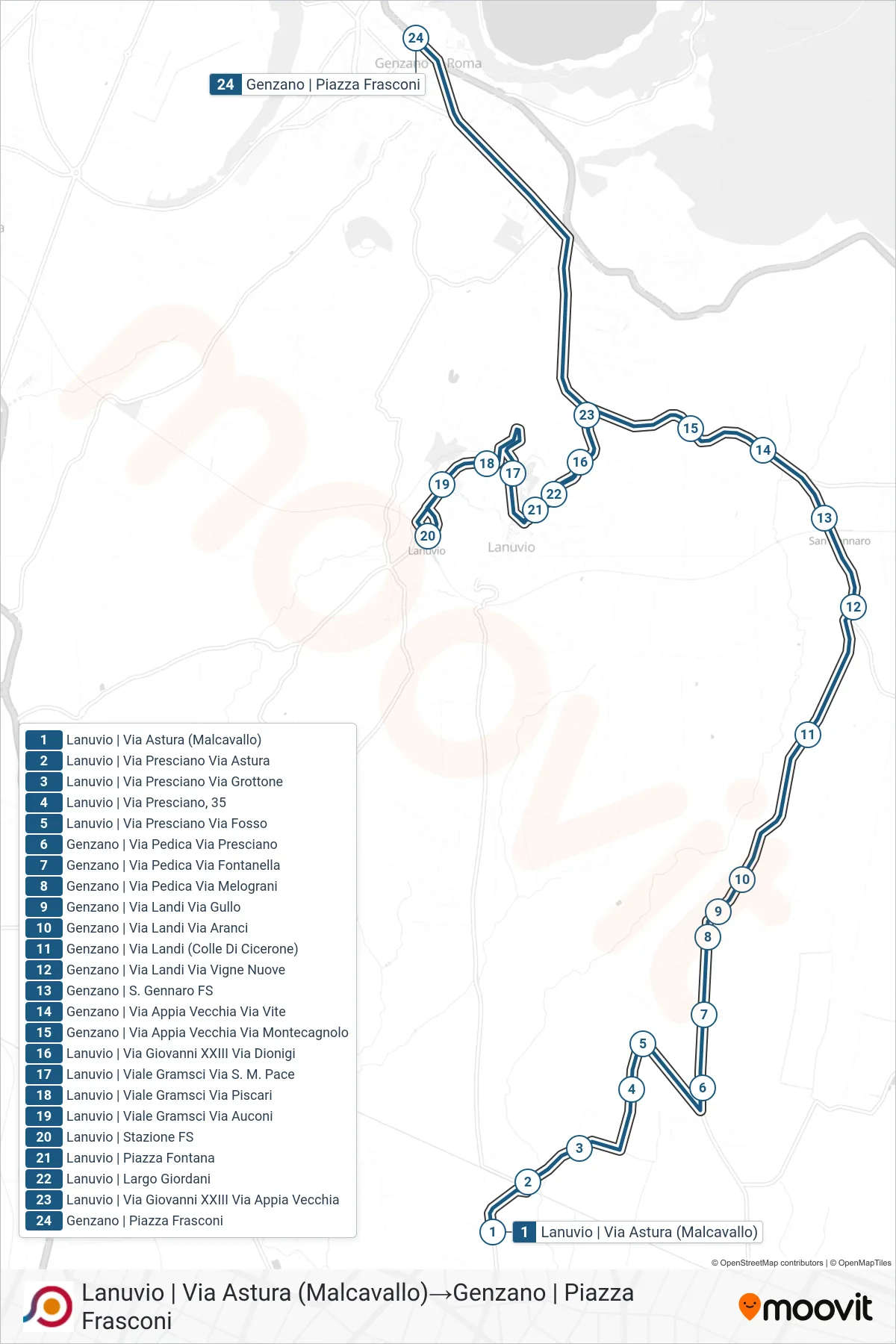 Linea COTRAL bus (Lanuvio | Via Astura (Malcavallo)→Genzano | Piazza Frasconi) - Percorsi e fermate sulla mappa