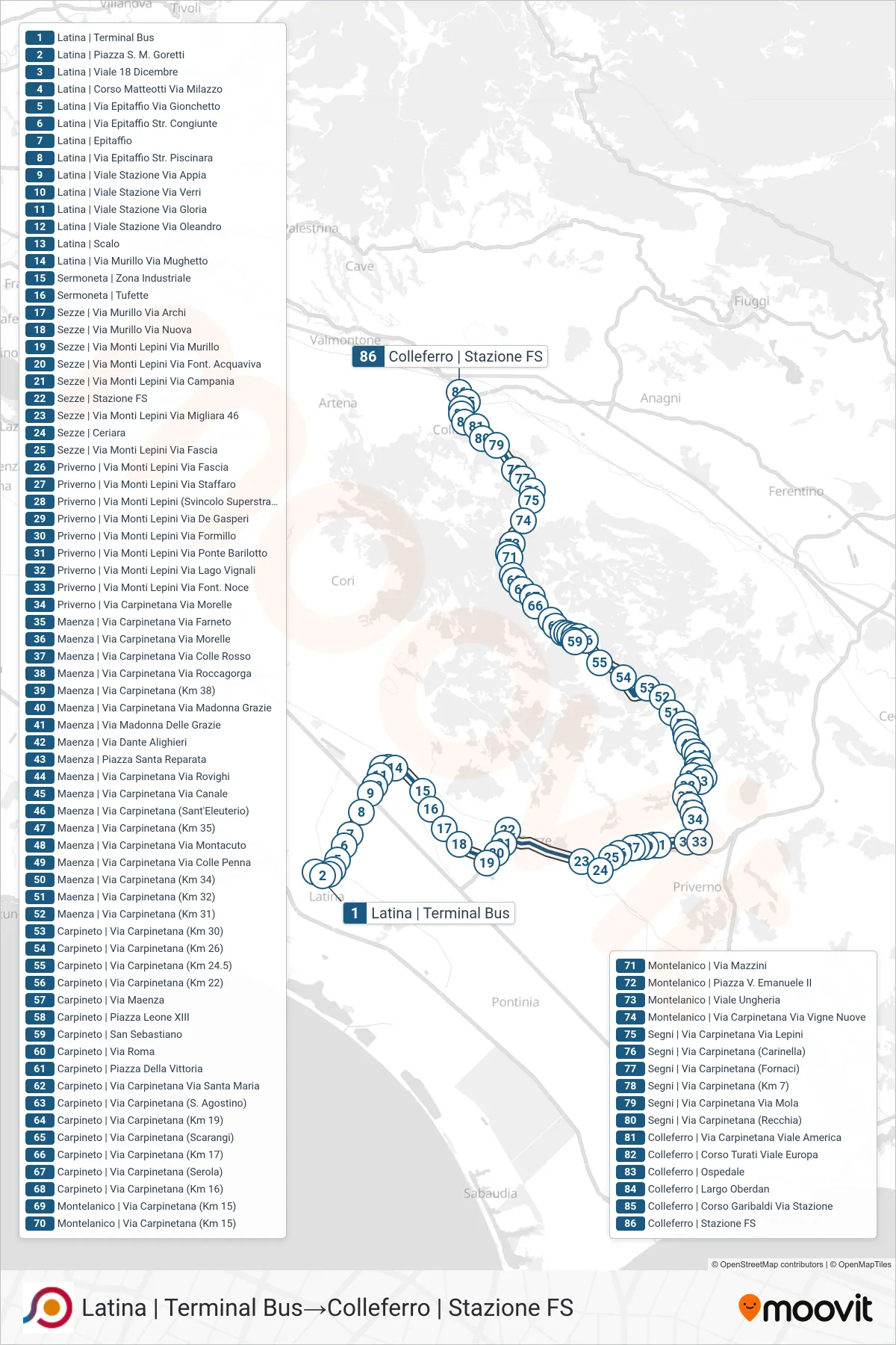 Linea COTRAL  bus (Latina | Terminal Bus‎→Colleferro | Stazione FS) - Percorsi e fermate sulla mappa