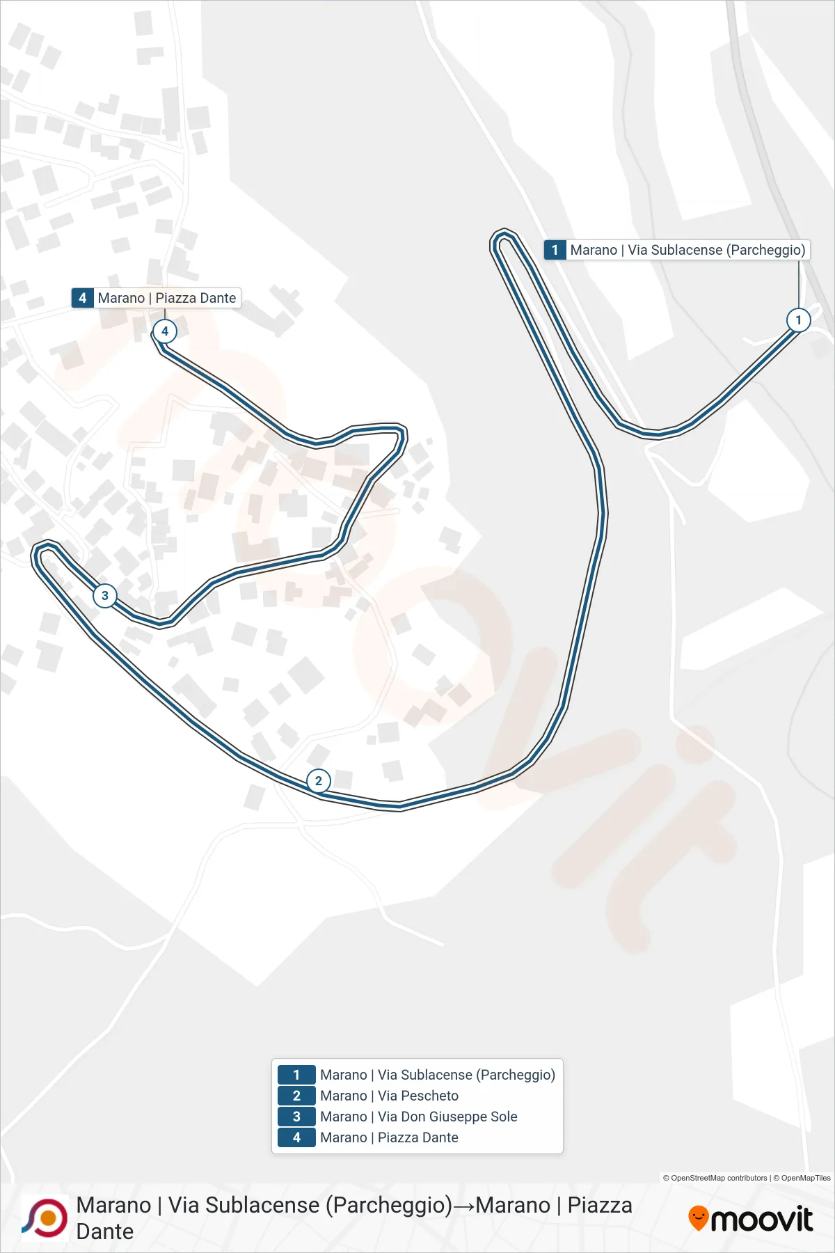Linea COTRAL bus (Marano | Via Sublacense (Parcheggio)→Marano | Piazza Dante) - Percorsi e fermate sulla mappa