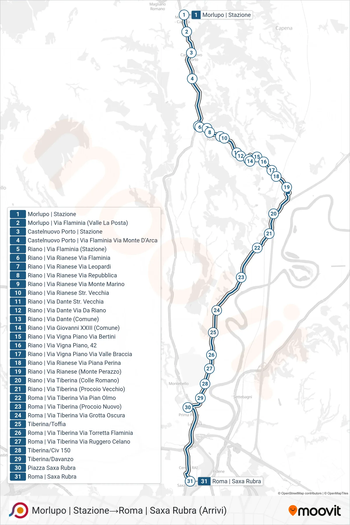 Linea COTRAL  bus (Morlupo | Stazione‎→Roma | Saxa Rubra (Arrivi)) - Percorsi e fermate sulla mappa