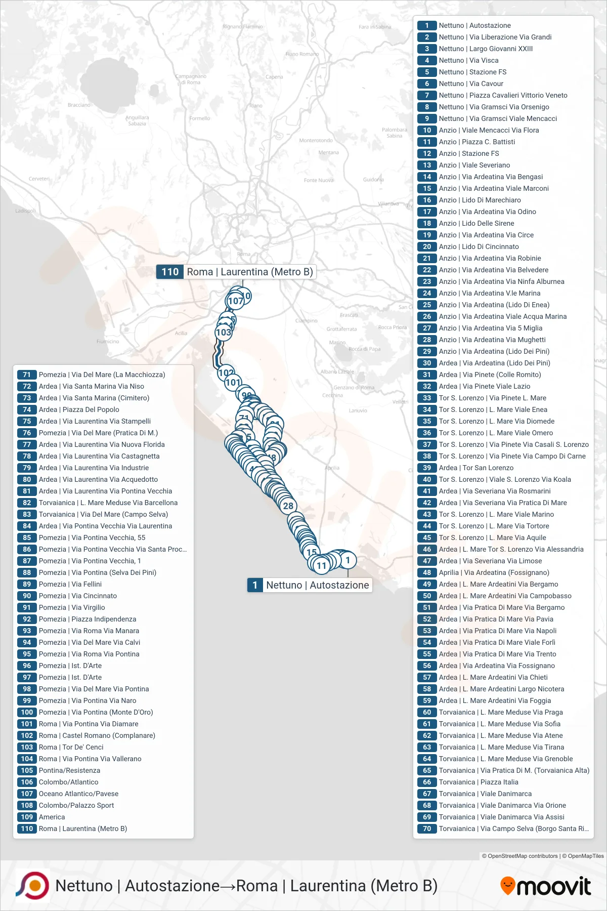 Linea COTRAL bus (Nettuno | Autostazione→Roma | Laurentina (Metro B)) - Percorsi e fermate sulla mappa