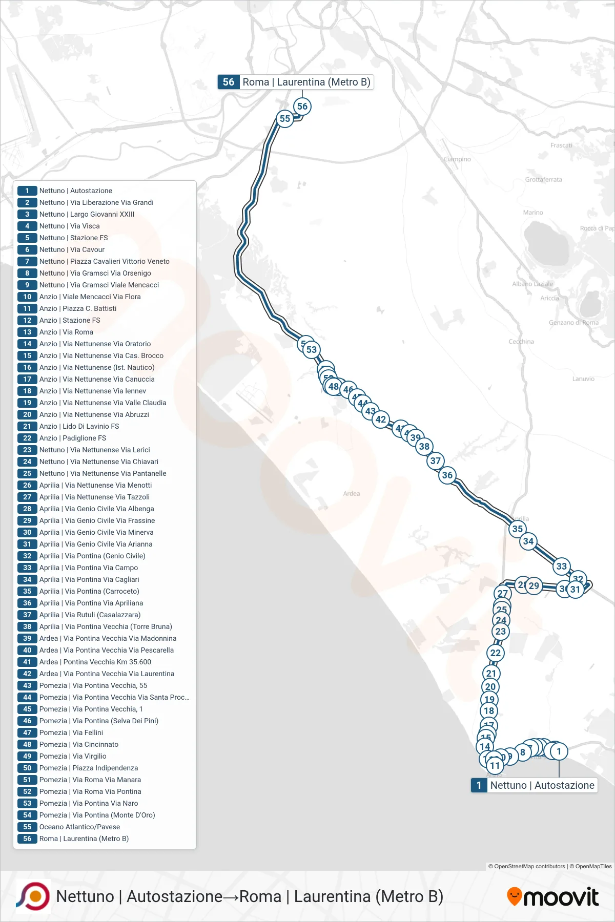 COTRAL bus Line (Nettuno | Bus Station→Rome | Laurentina (Metro B)) route and stops on a map