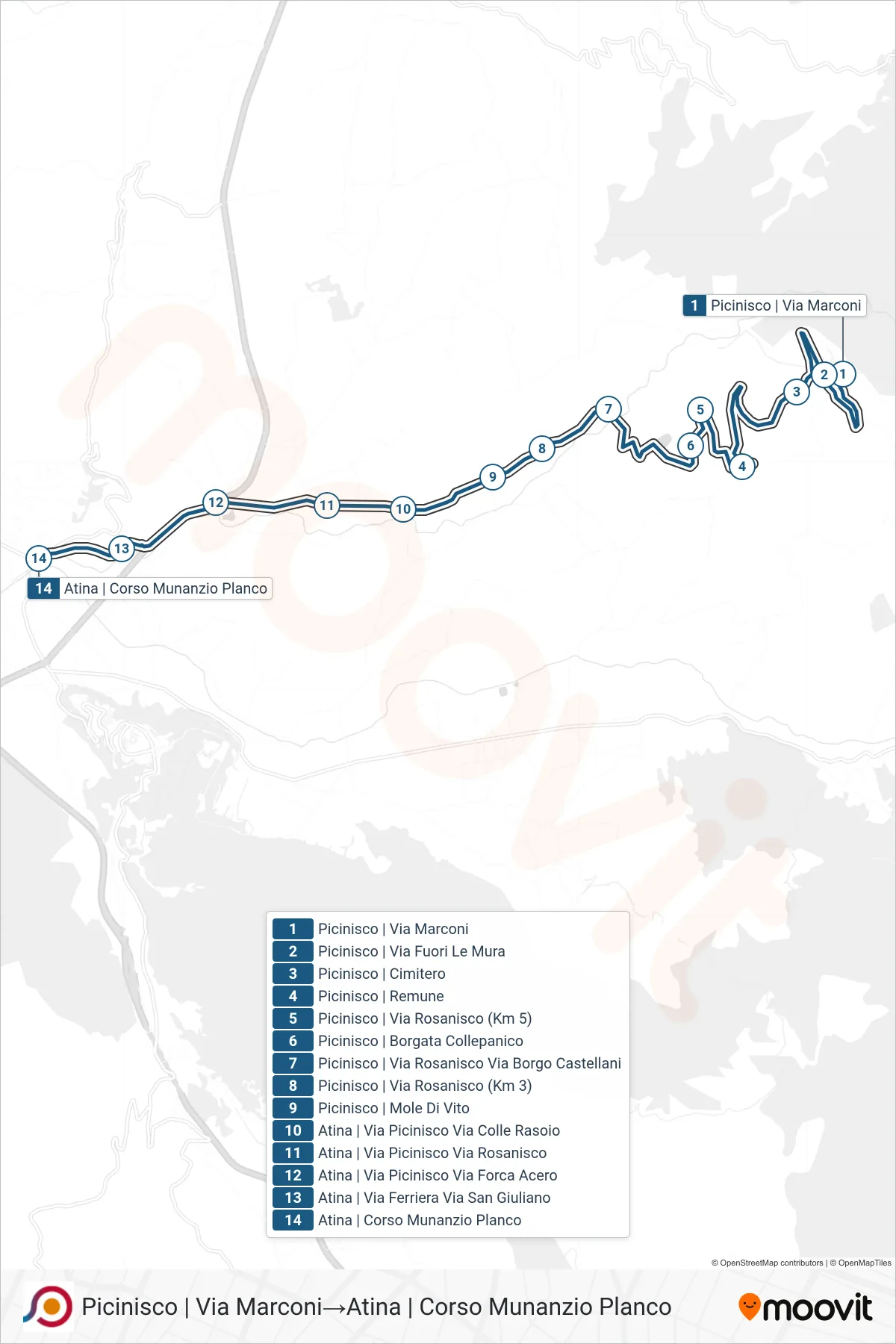 Linea COTRAL bus (Picinisco | Via Marconi→Atina | Corso Munanzio Planco) - Percorsi e fermate sulla mappa