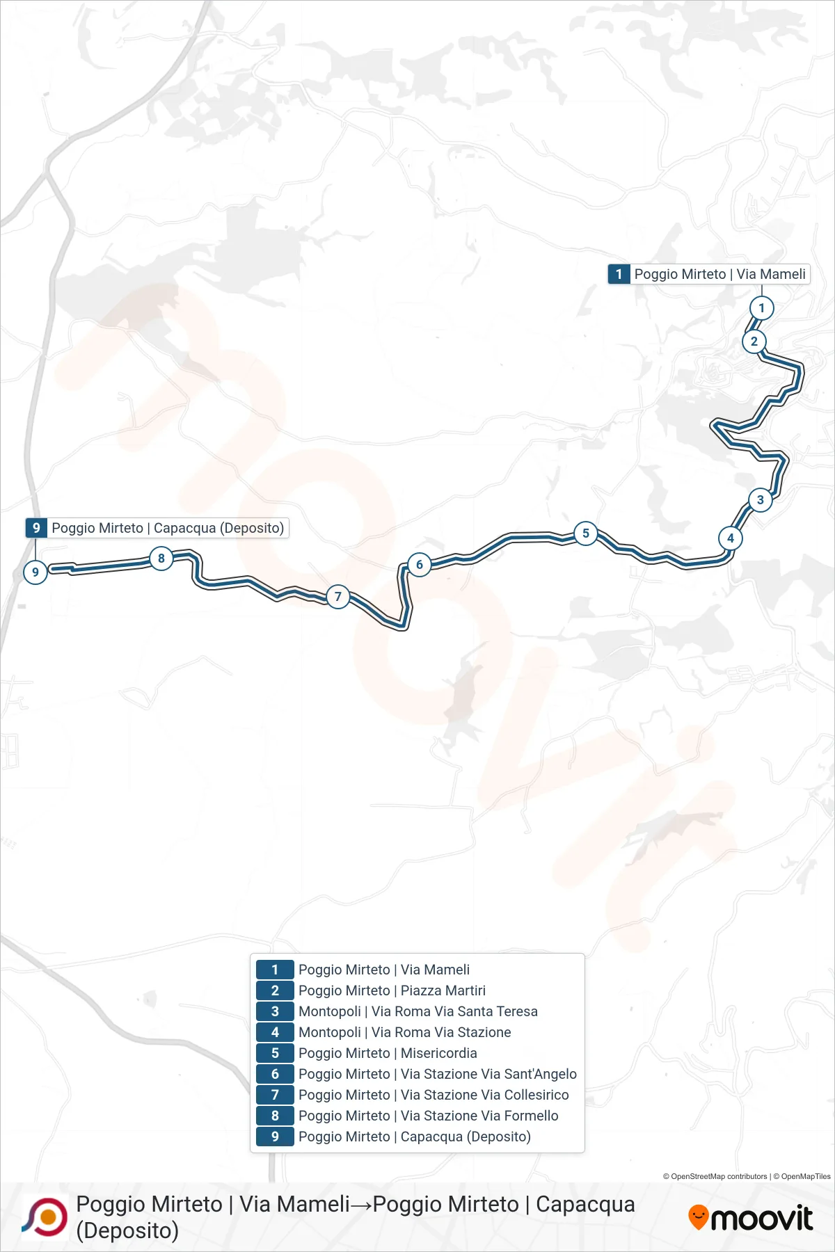 Linea COTRAL bus (Poggio Mirteto | Via Mameli→Poggio Mirteto | Capacqua (Deposito)) - Percorsi e fermate sulla mappa