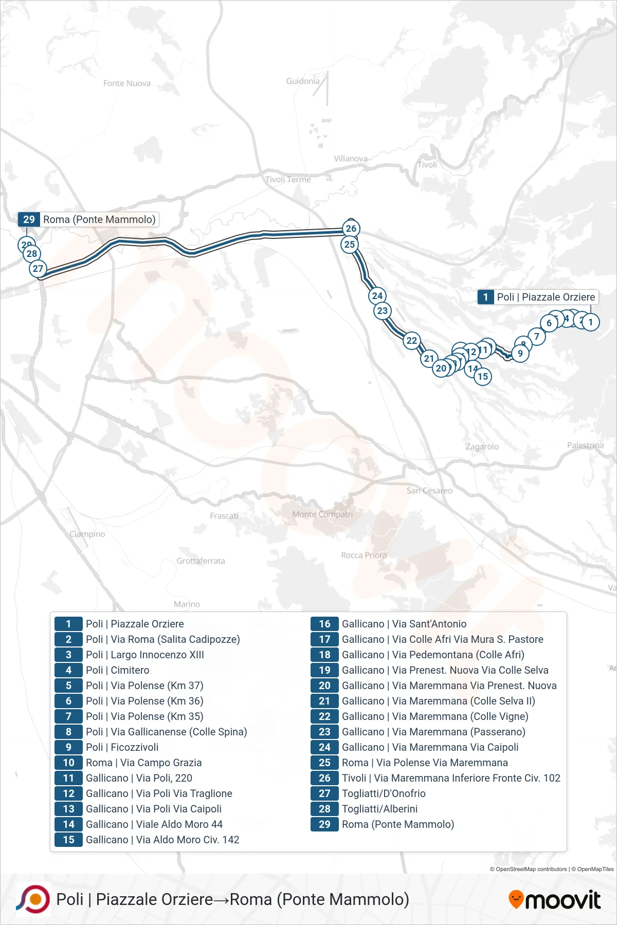 Linea COTRAL bus (Poli | Piazzale Orziere→Roma (Ponte Mammolo)) - Percorsi e fermate sulla mappa