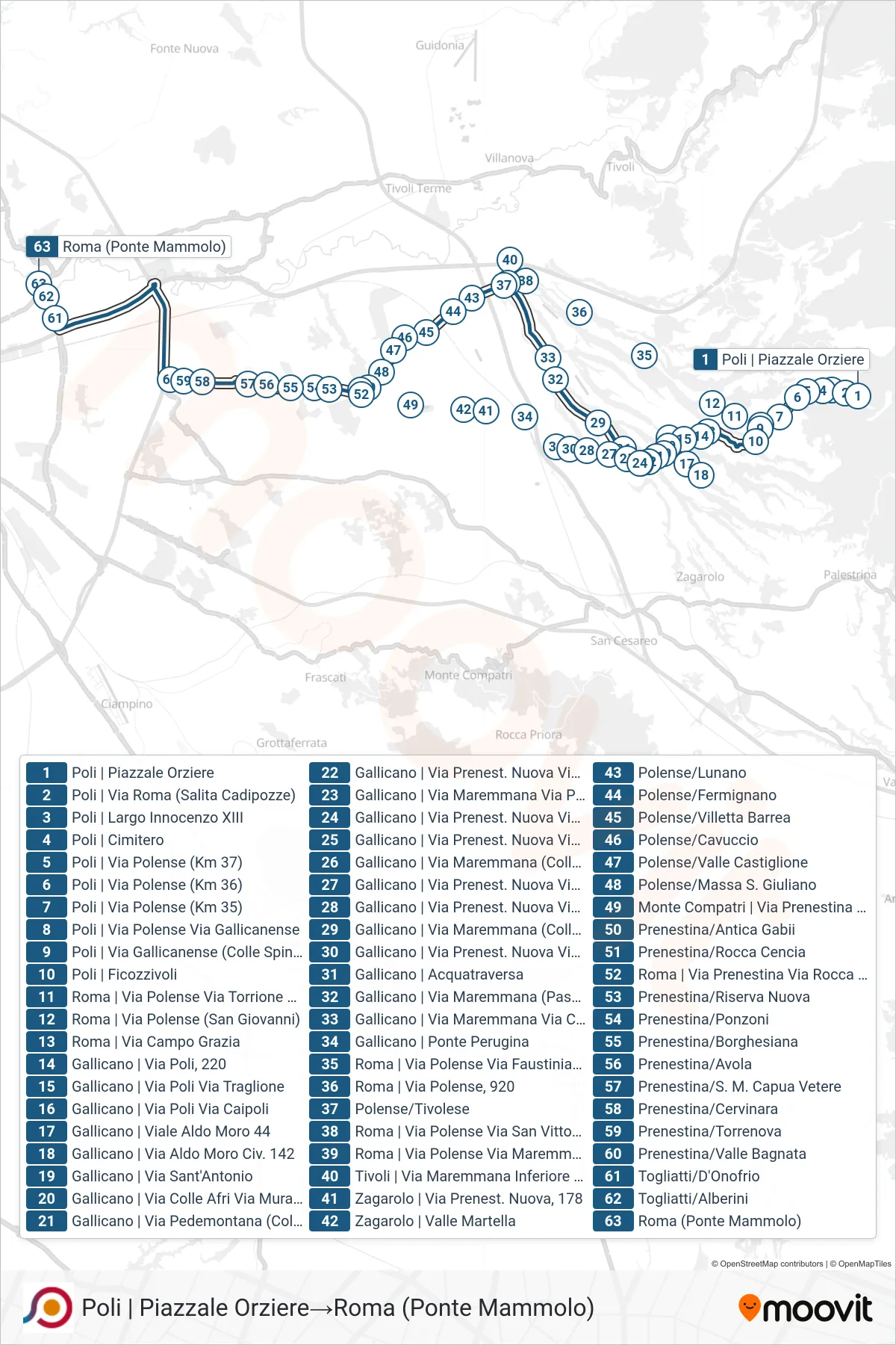Linea COTRAL  bus (Poli | Piazzale Orziere‎→Roma (Ponte Mammolo)) - Percorsi e fermate sulla mappa