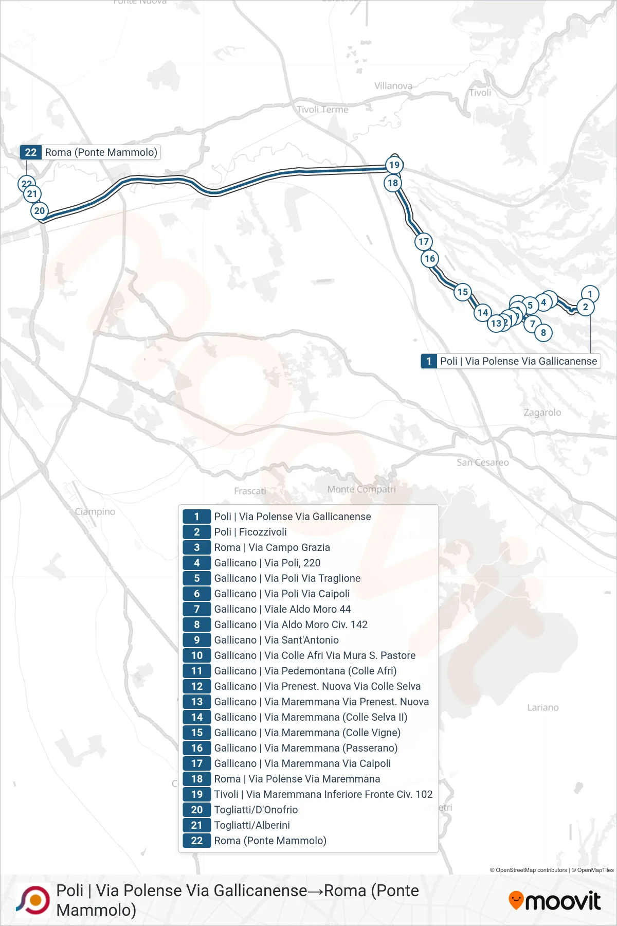 Linea COTRAL bus (Poli | Via Polense Via Gallicanense→Roma (Ponte Mammolo)) - Percorsi e fermate sulla mappa