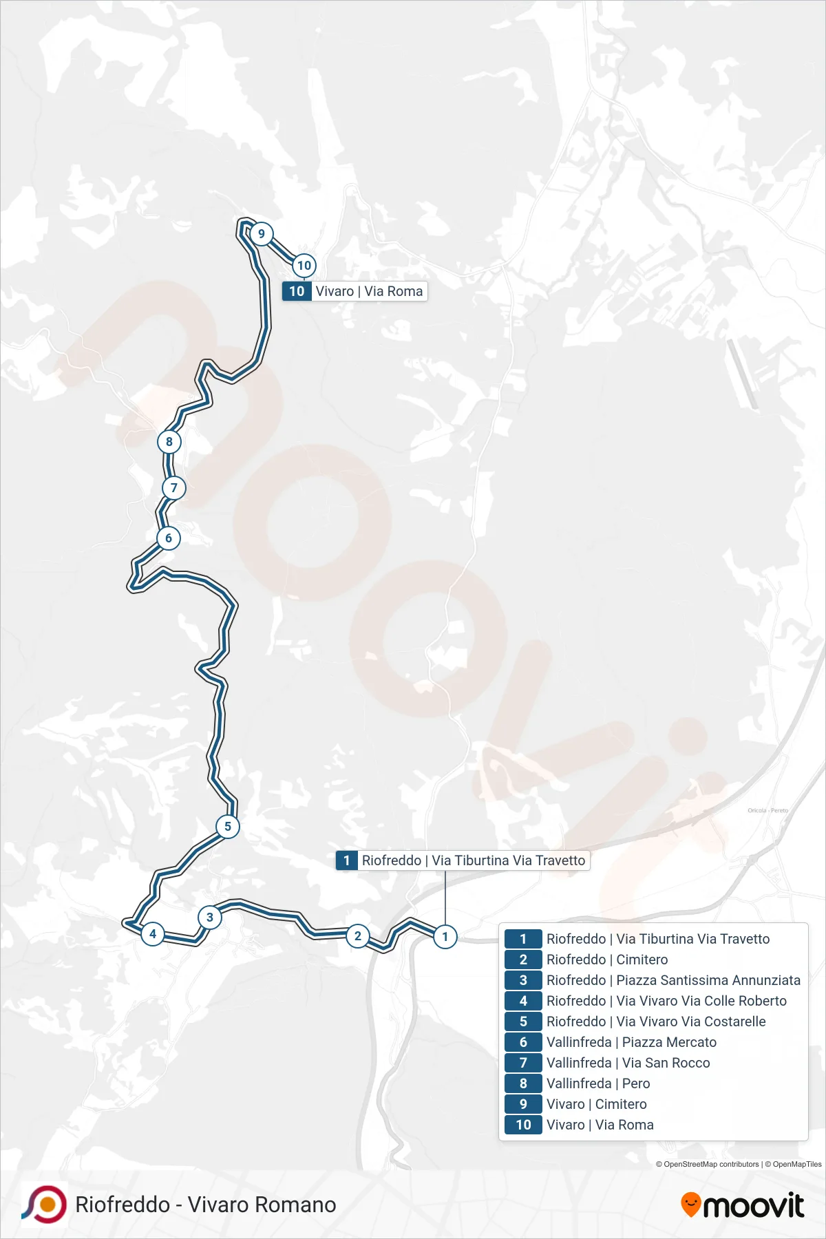 Linea COTRAL  bus (Riofreddo | Via Tiburtina Via Travetto‎→Vivaro | Via Roma) - Percorsi e fermate sulla mappa