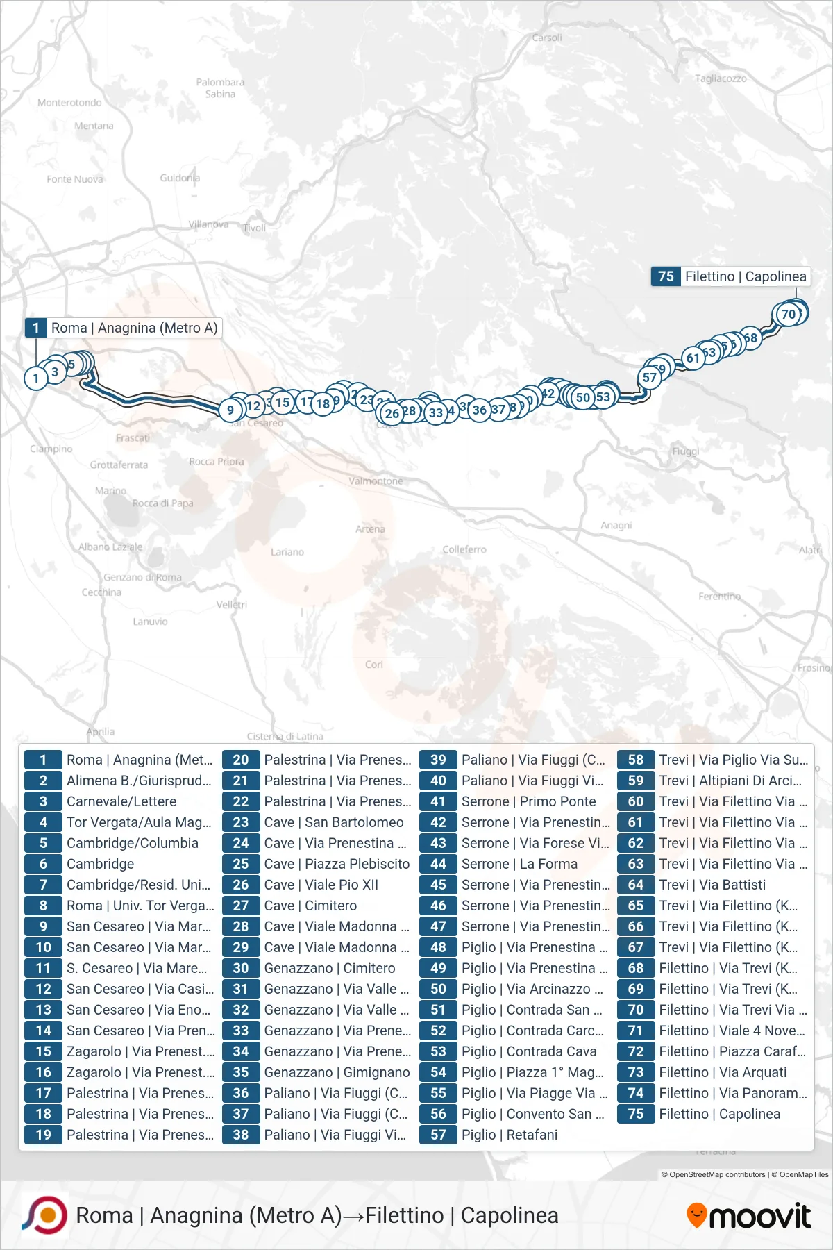Linea COTRAL bus (Roma | Anagnina (Metro A)→Filettino | Capolinea) - Percorsi e fermate sulla mappa
