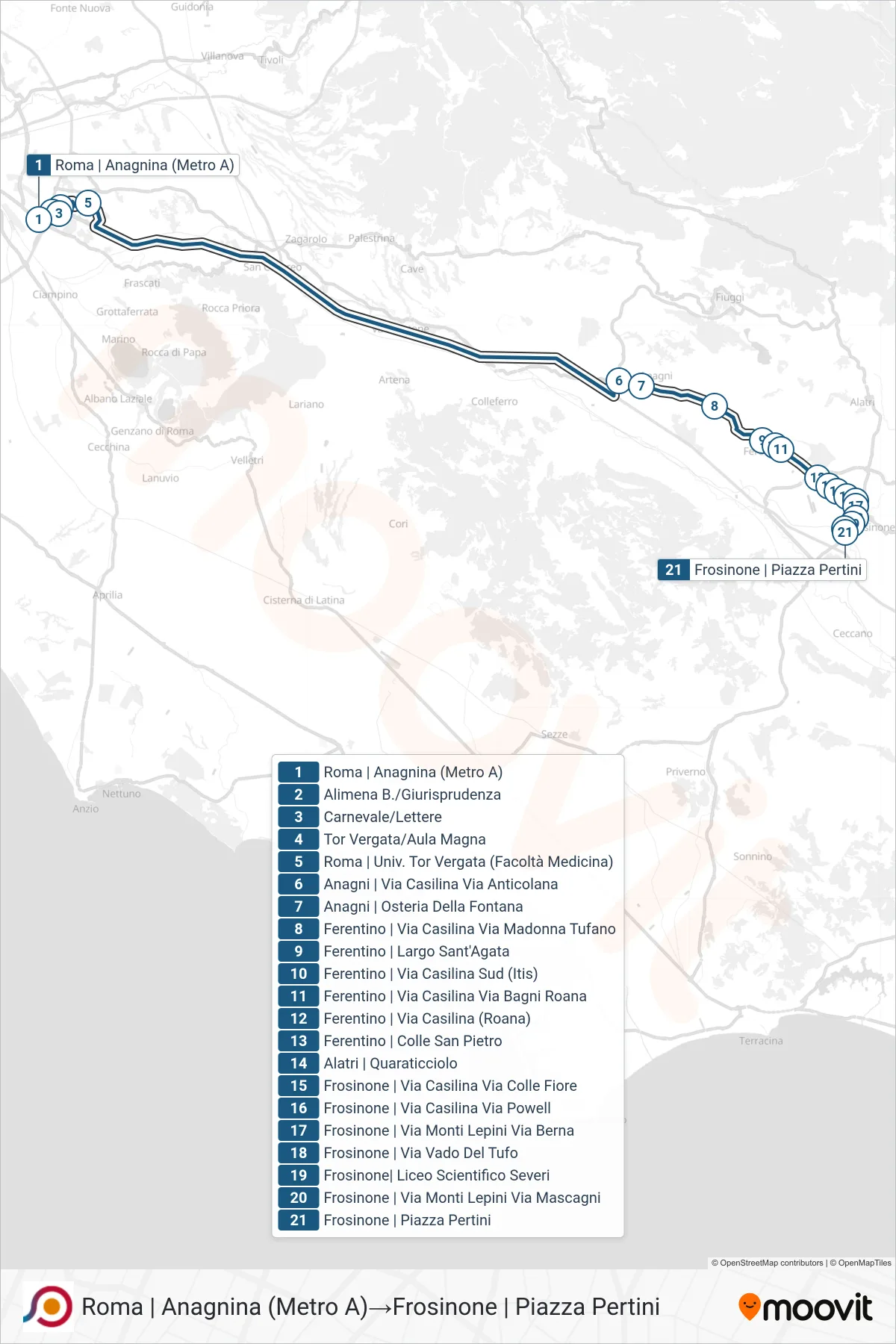 Linea COTRAL bus (Roma | Anagnina (Metro A)→Frosinone | Piazza Pertini) - Percorsi e fermate sulla mappa