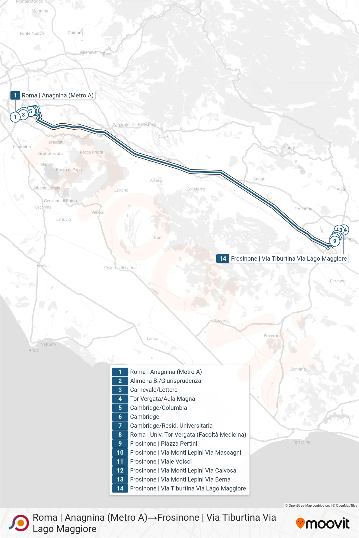 Linea COTRAL bus (Roma | Anagnina (Metro A)→Frosinone | Via Tiburtina Via Lago Maggiore) - Percorsi e fermate sulla mappa