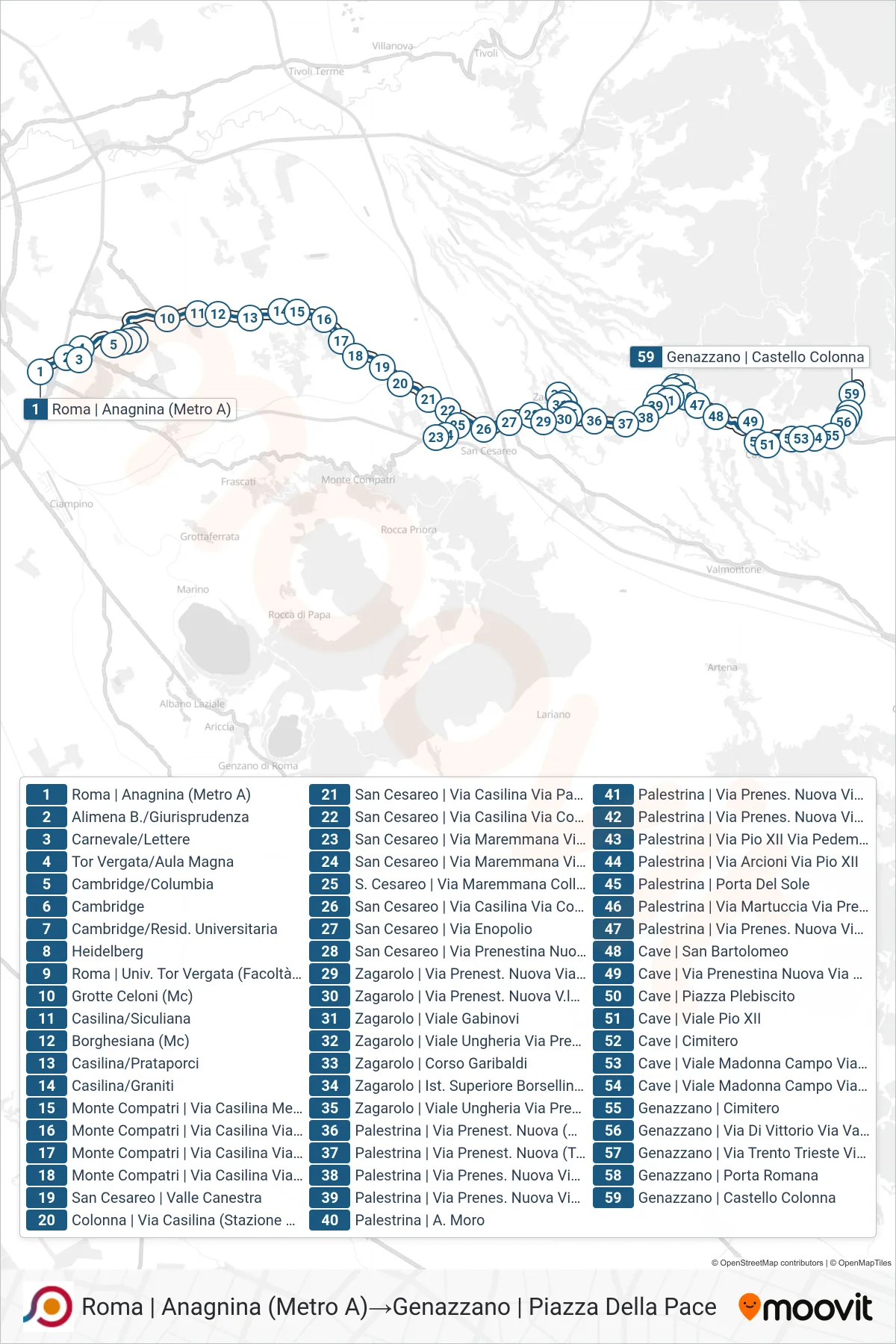 Linea COTRAL bus (Roma | Anagnina (Metro A)→Genazzano | Piazza Della Pace) - Percorsi e fermate sulla mappa