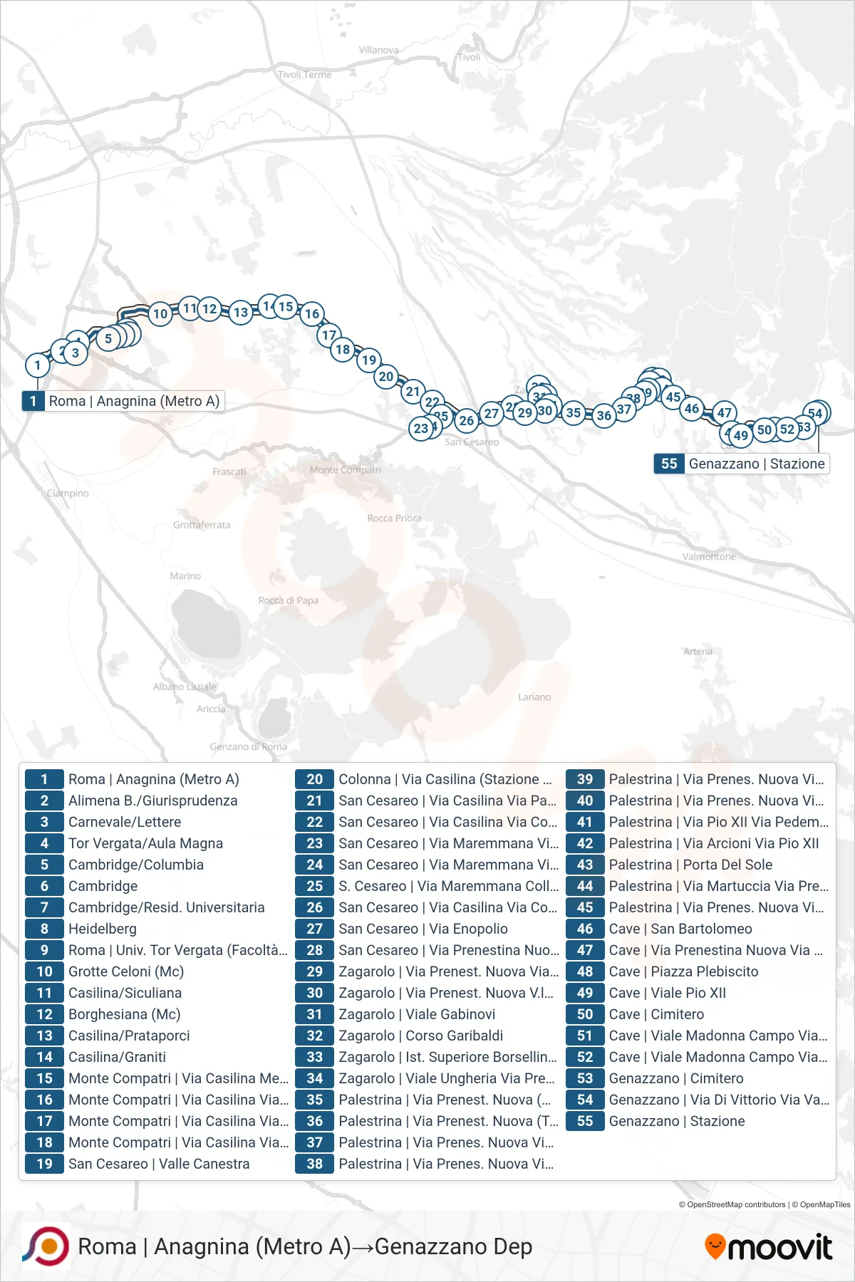 Linea COTRAL bus (Roma | Anagnina (Metro A)→Genazzano Dep) - Percorsi e fermate sulla mappa