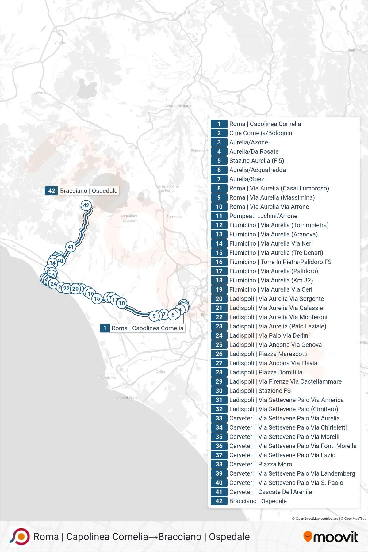 Linea COTRAL bus (Roma | Capolinea Cornelia→Bracciano | Ospedale) - Percorsi e fermate sulla mappa