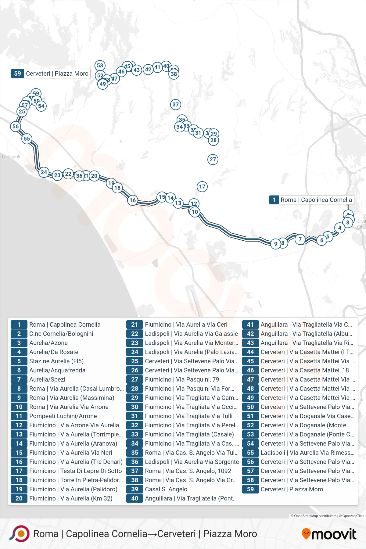 Linea COTRAL bus (Roma | Capolinea Cornelia→Cerveteri | Piazza Moro) - Percorsi e fermate sulla mappa