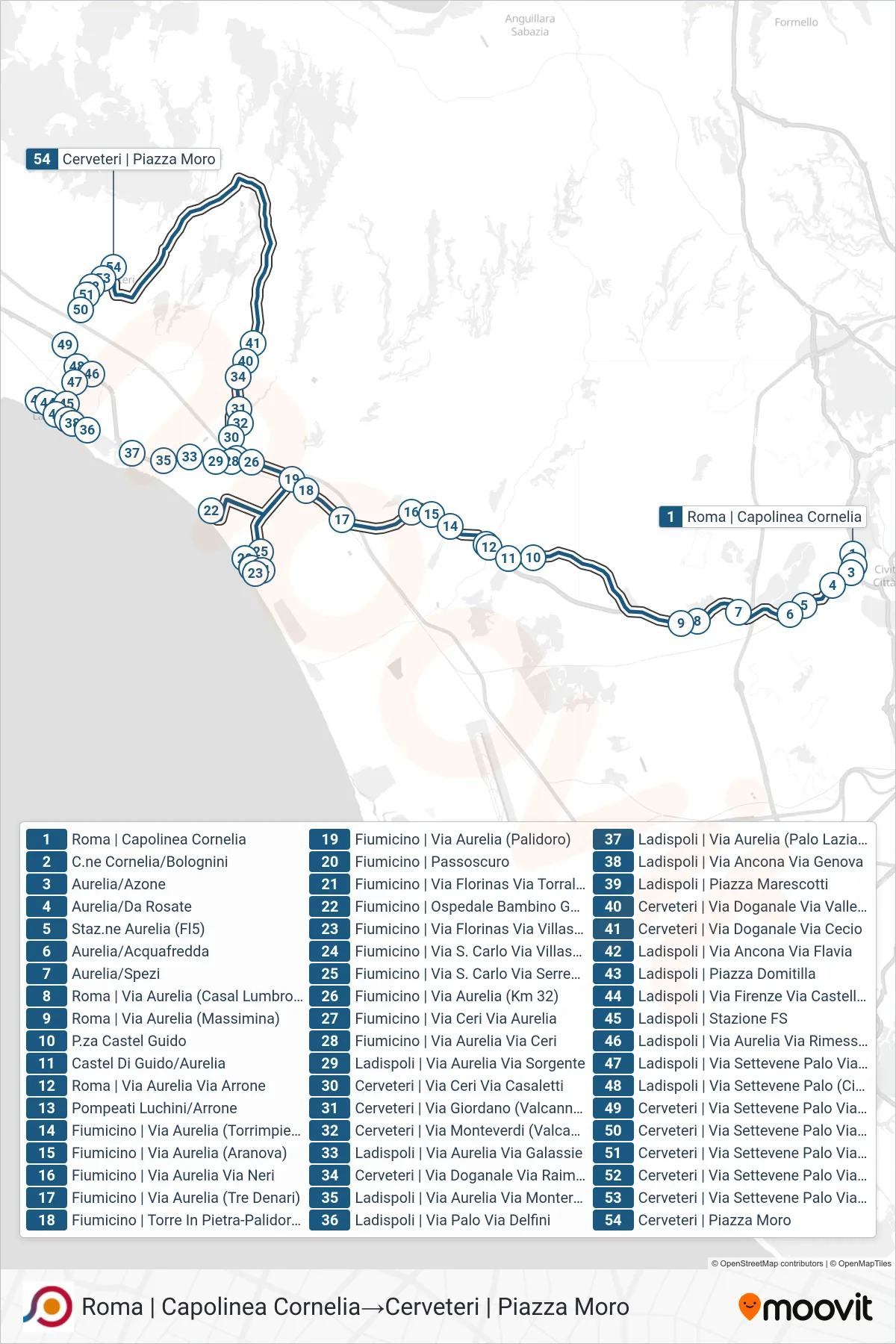 Linea COTRAL bus (Roma | Capolinea Cornelia→Cerveteri | Piazza Moro) - Percorsi e fermate sulla mappa