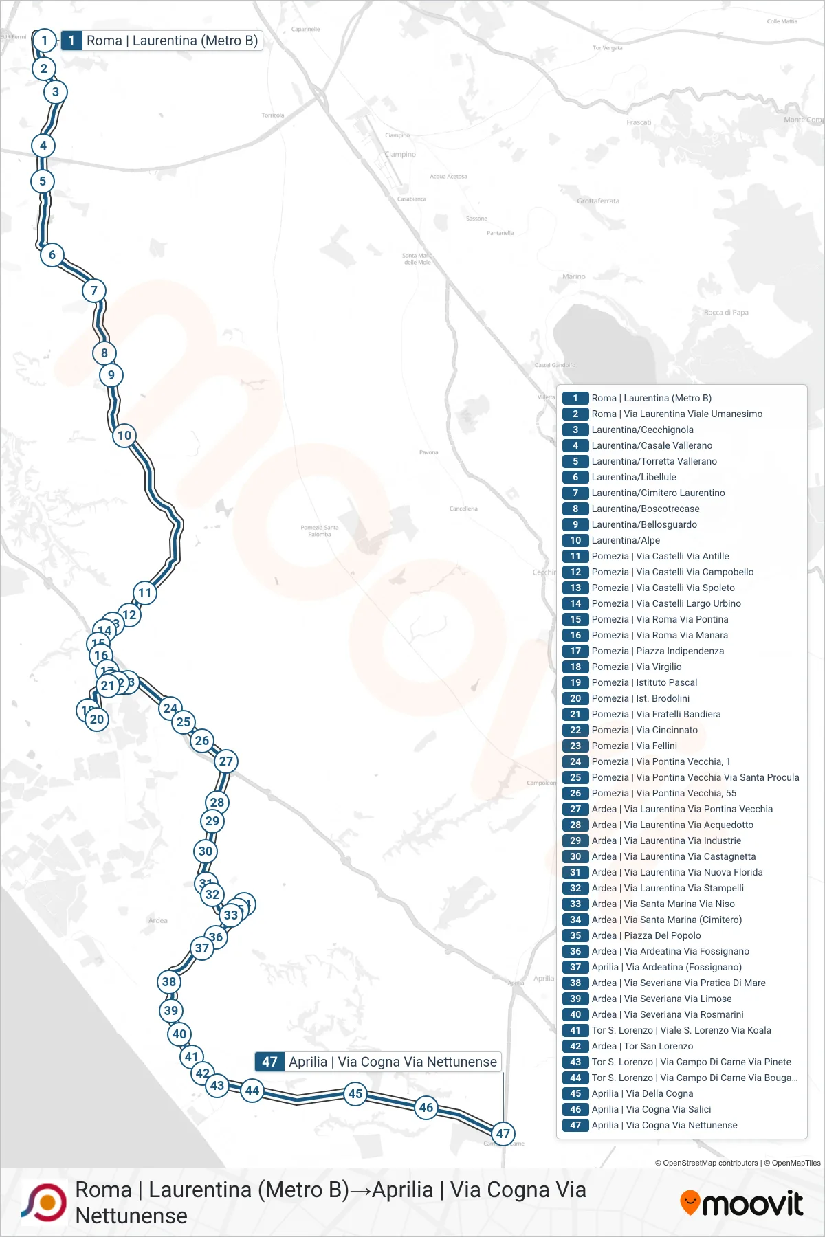 Linea COTRAL bus (Roma | Laurentina (Metro B)→Aprilia | Via Cogna Via Nettunense) - Percorsi e fermate sulla mappa