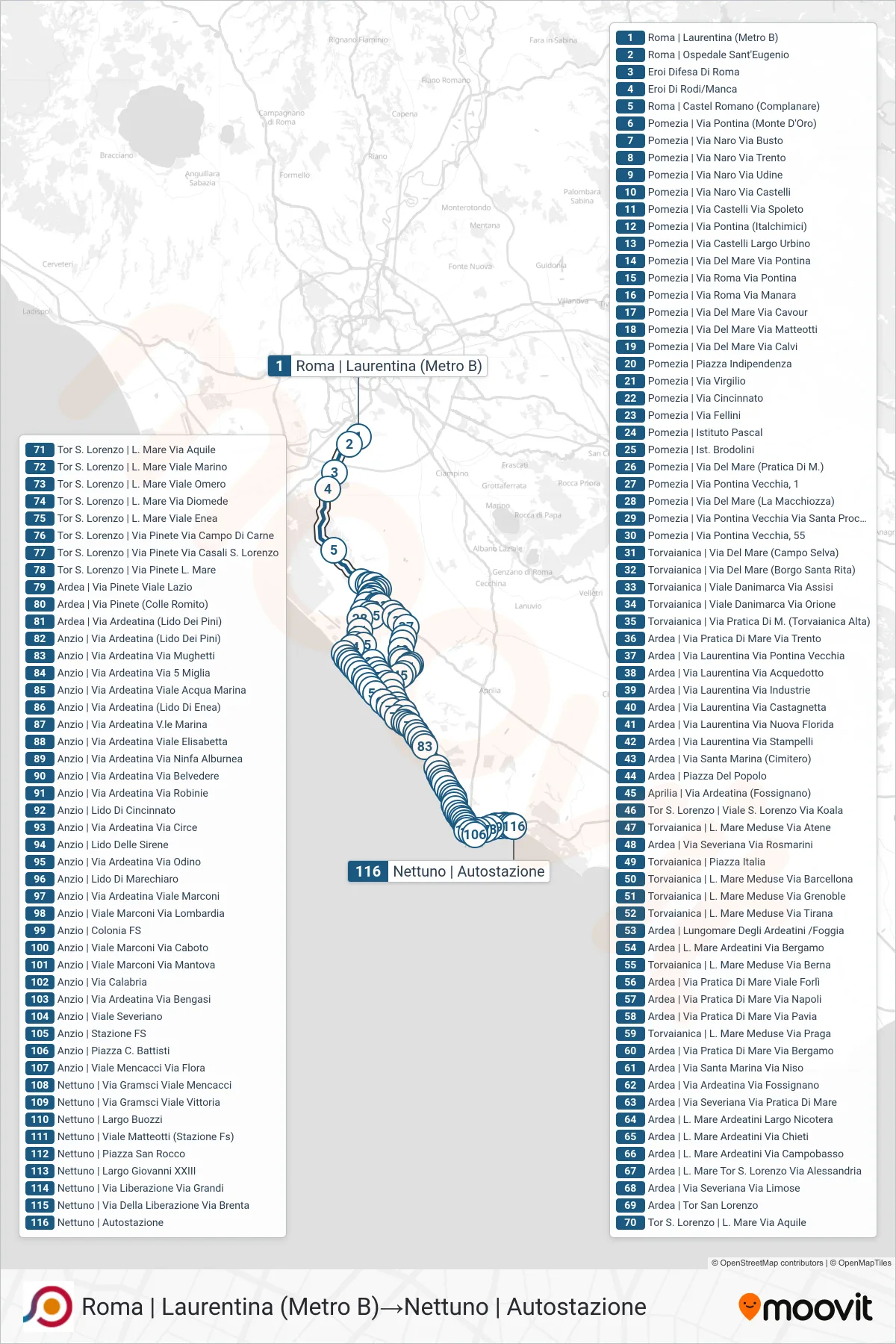 Linea COTRAL bus (Roma | Laurentina (Metro B)→Nettuno | Autostazione) - Percorsi e fermate sulla mappa
