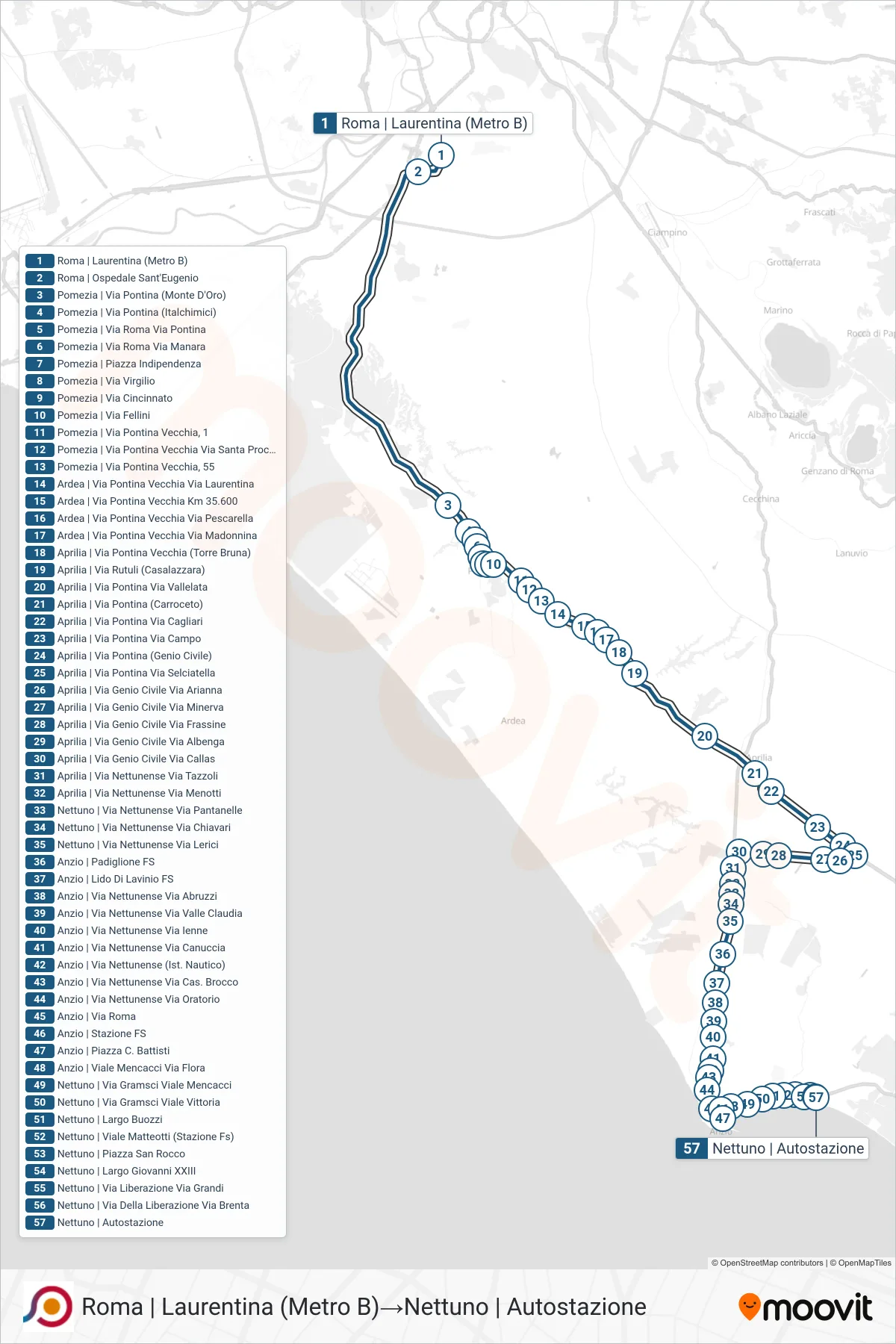 Linea COTRAL bus (Roma | Laurentina (Metro B)→Nettuno | Autostazione) - Percorsi e fermate sulla mappa
